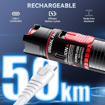 Visual Fault Locator 50KM - Rechargeable VFL Fiber Optic Tester Kit Include Single Mode 9/125um FC Male to LC Female Adapter, Fiber Optic Lights for Network Cable