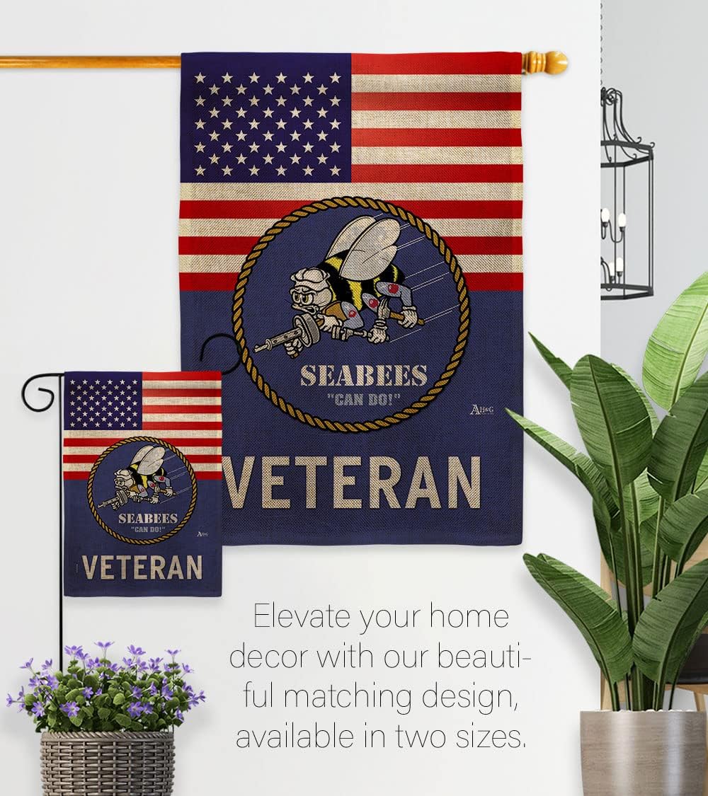 US Seabees Veteran Flag Burlap Armed Forces Navy USN Tapestry Official United State American Military Memorabilia Banner Garden Remembrance Wall Retire Outdoor Yard Memorial Veteran Gifts Made in USA