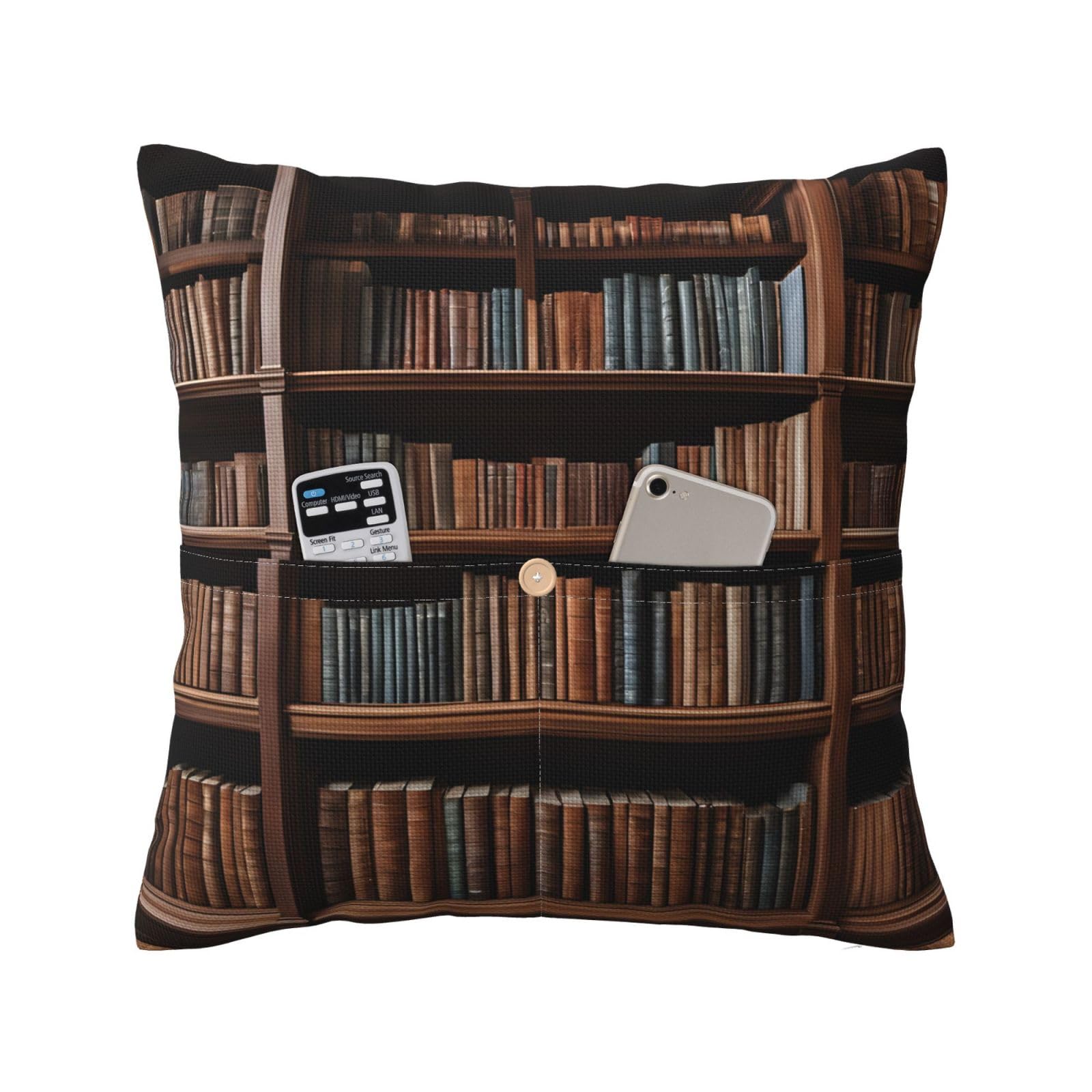 Cpeowzl Black Library Bookshelf Book Printed Linen Pillow Case With Pocket 45X45 Cm- Soft Square Cushion Cover Modern Pillowcase 1Pcs