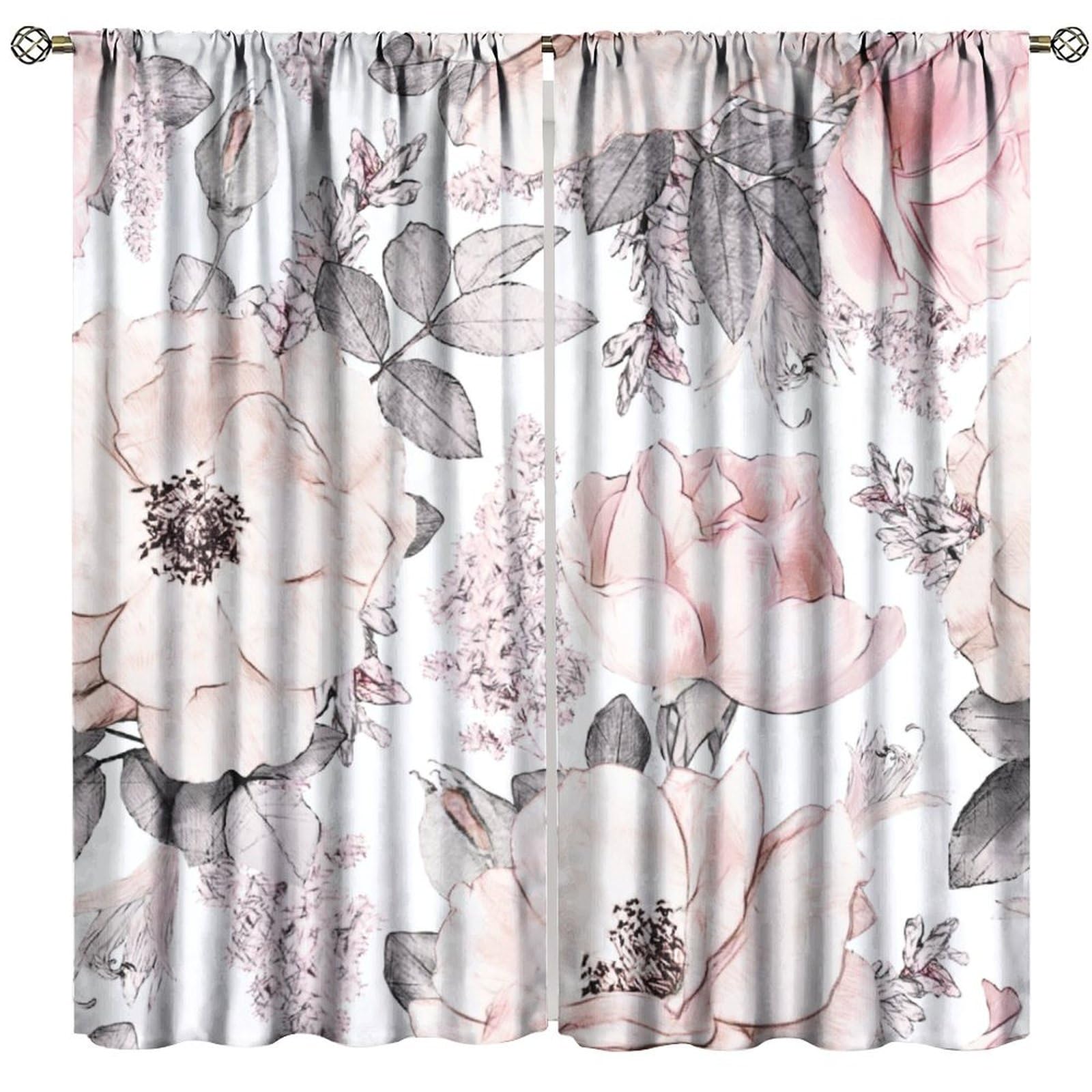 JanJCurt Watercolor Floral Curtains, Pink Gray Rose Flower Retro Spring Floral Leaves Plants Print Window Treatments for Living Room Girls Woman
