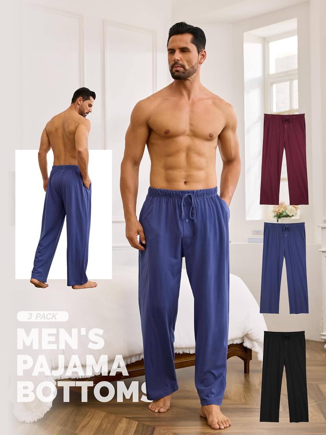 3 Pack Mens Cotton Pajama Pants, Lightweight Lounge Pj Bottoms for Men Soft Sleep Pants with Pockets & Drawstring - Image 4