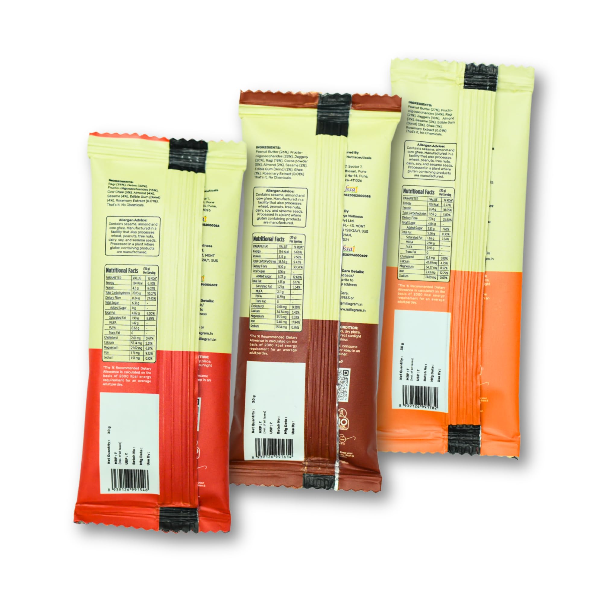 Millegram Ragi Bars Multi Flavours (Date, Chocolate and Peanut Butter - Pack of 30g X 6Pcs) - High Protein(9g), Fibre(7.5g), Magnesium, Iron, Goodness of Ragi, Almond & Cow Ghee. Gluten-Free Snack with No Added Refined Sugar, Preservatives — Amazon image 3