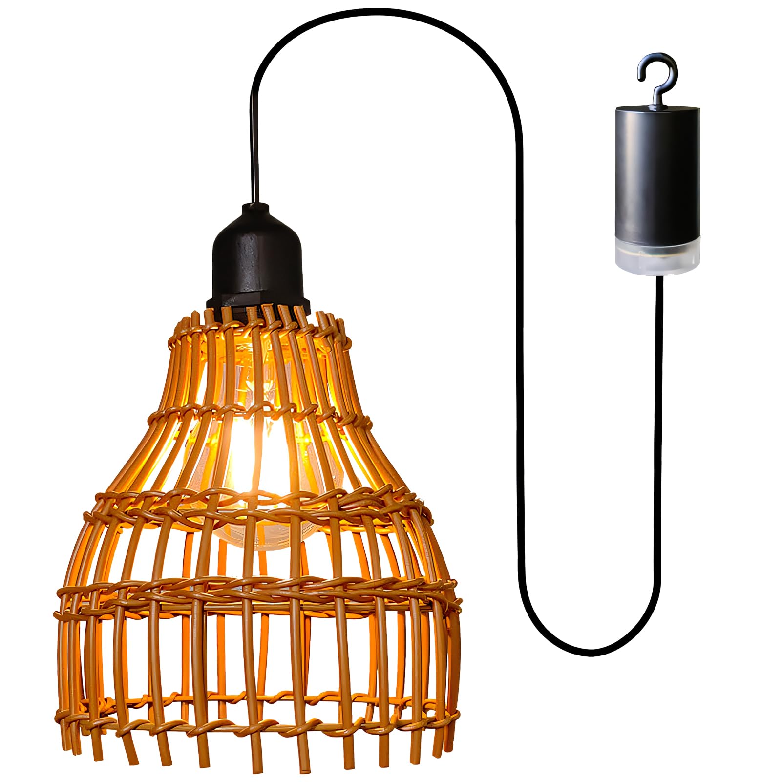 Rattan Hängelampe mit Batterie – Boho Outdoor Hängelampe, Tragbare Innen- und Außenbeleuchtung, Batteriebetriebene Rattan Lampe für Garten und Terrasse Outdoor Beleuchtung für Garten (Batterie) Beleuchtung