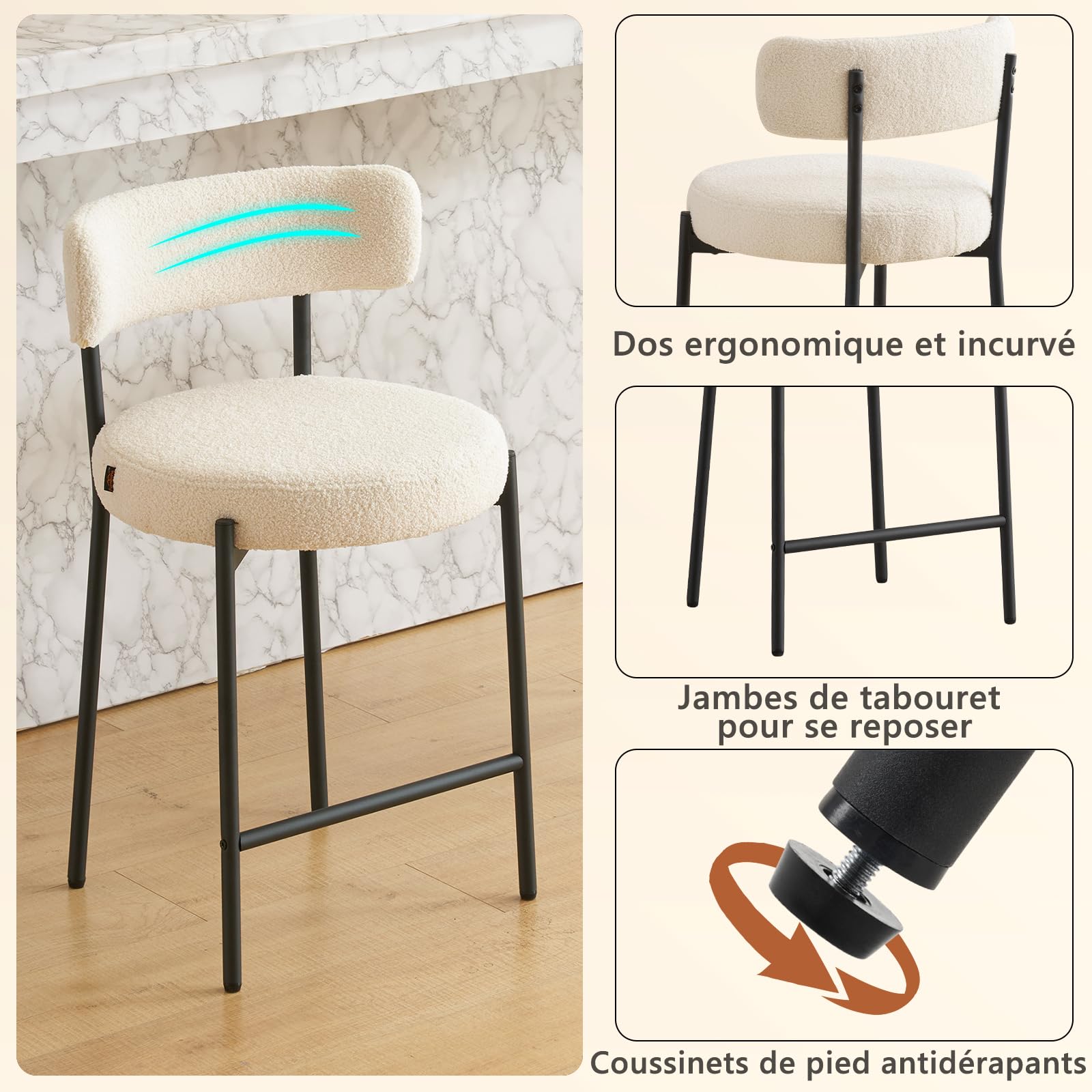 Lot de 2 Tabouret de Bar, Chaise de Bar, Chaise de Cuisine Hauteur 63.5cm, Tabourets de Comptoir, Tabouret de Bistrot, Siège Rembourré avec Dossier, Repose-Pieds pour Cuisine, Bar, Blanc
