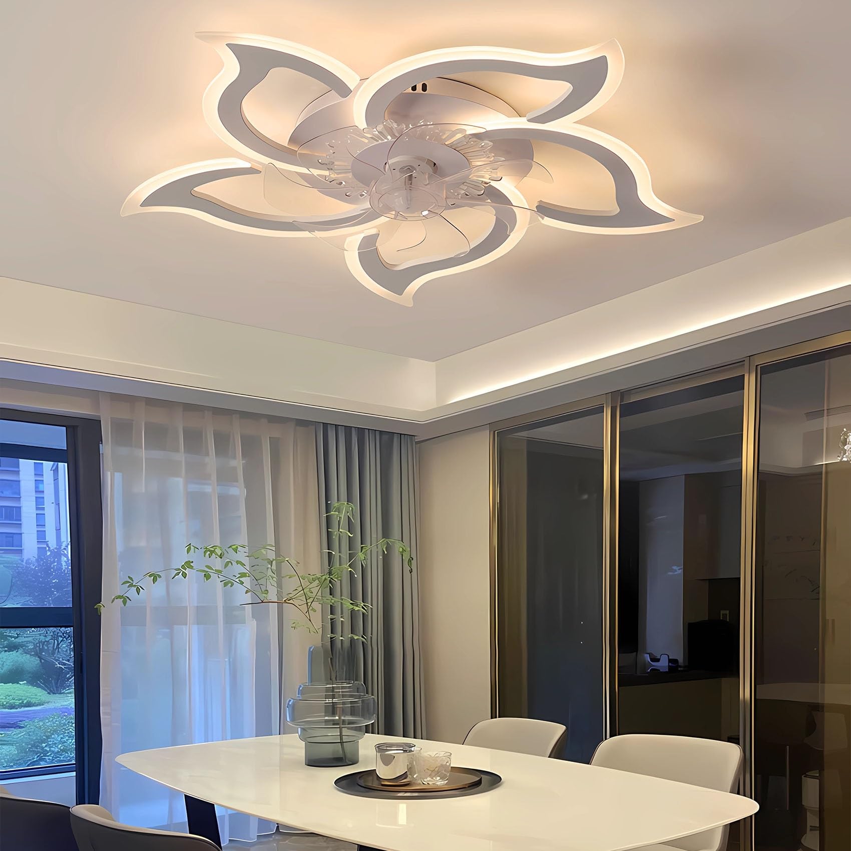 Ventilatore da Soffitto con Luce telecomando Dimmerabile LED Plafoniera Lampadario con Ventilatore 6 Velocità/Reversibili Per Soggiorno Camera da letto Ristorante Cucina(White,5 lights)