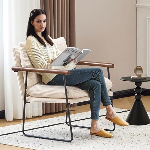 Miniatura 3 de Furniliving Silla decorativa moderna, cómoda silla auxiliar para dormitorio, silla de pana para sala de estar con almohada trasera, silla de lectura