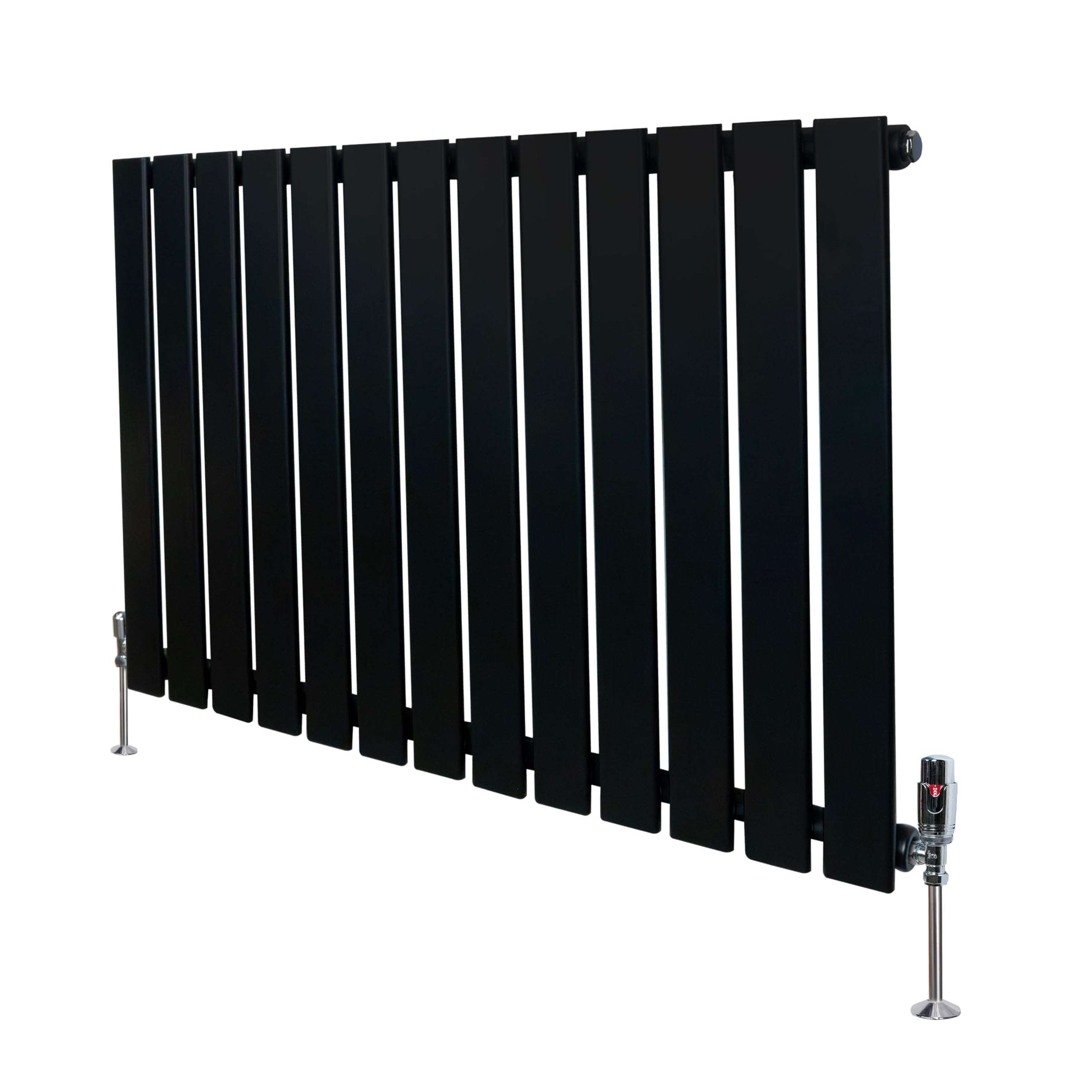 Flat Single Column Radiator 600mm x 910mm & TRV Chrome Valves Modern Designer Single Panel Central Heating Heater Matt Black Carbon Steel Horizontal FREE Cleaning Brush Fixing Kit & Brackets