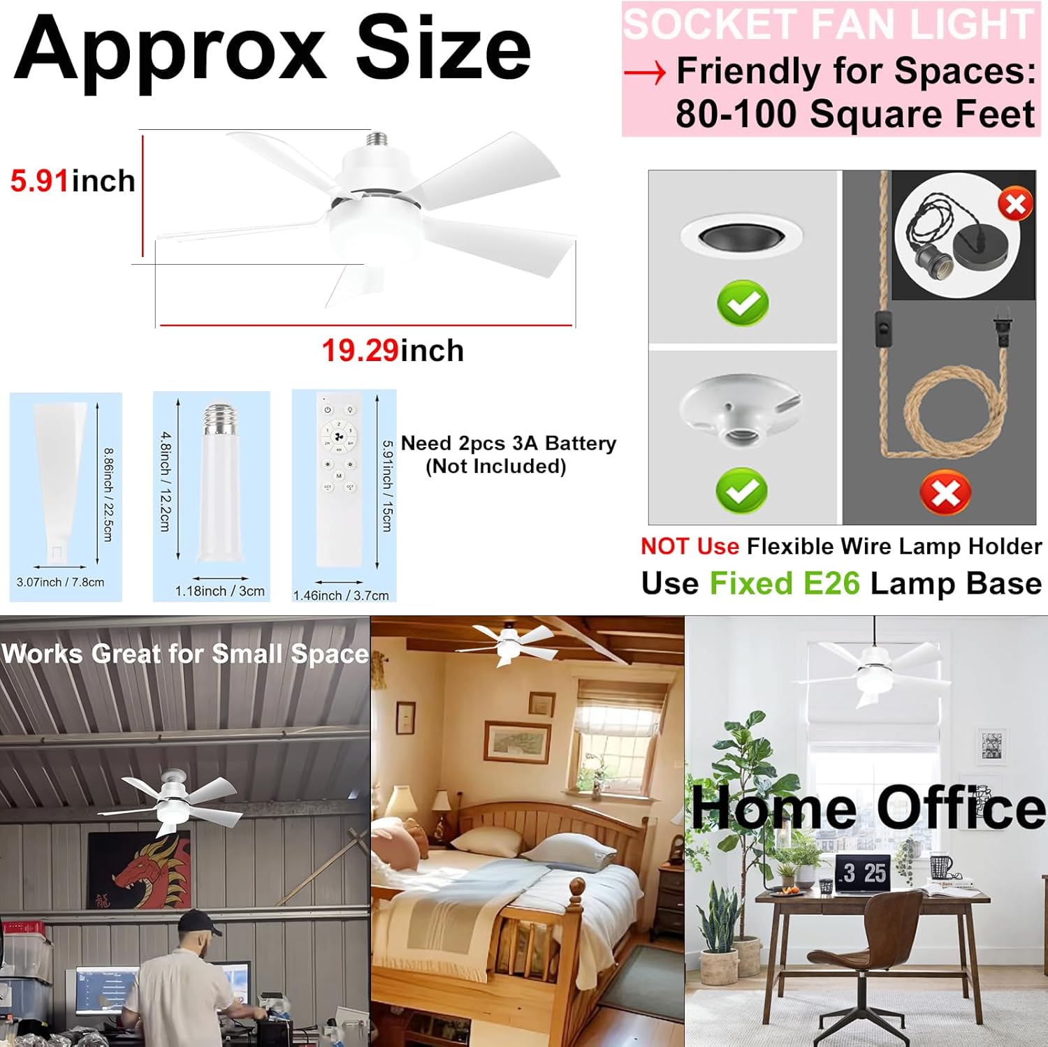 Socket Fan Light Combo with Remote 3 Timer, E26 Screw in LED Ceiling Fan Adjustable Speed w/Spare Light Bulb for Bedroom Kitchen Closet Laundry Room + 2-Pack Refrigerator Lock Baby Proofing for Cabin