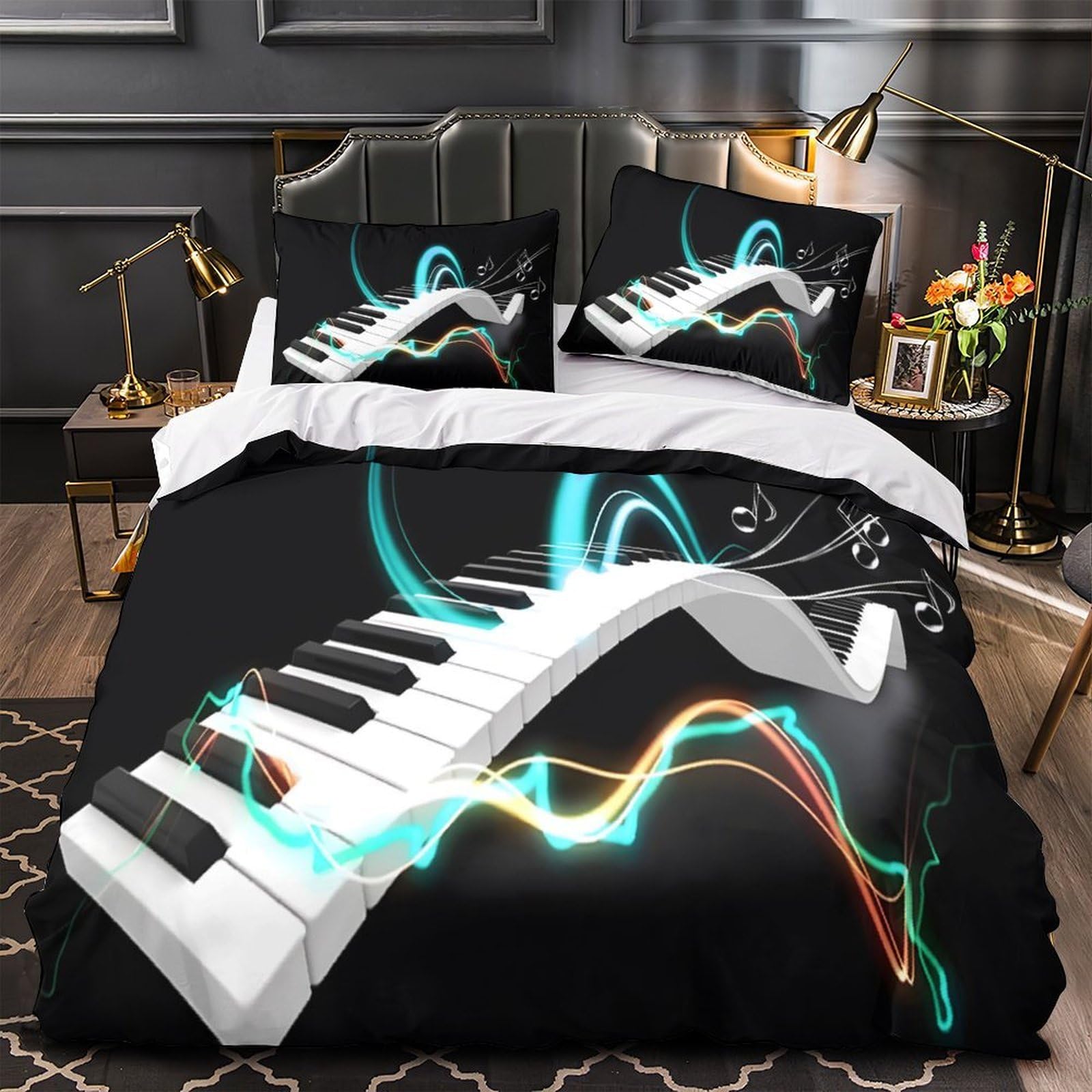 Housse de couette piano numérique 3D parure de lit musique moderne 220x240 microfibre respirant