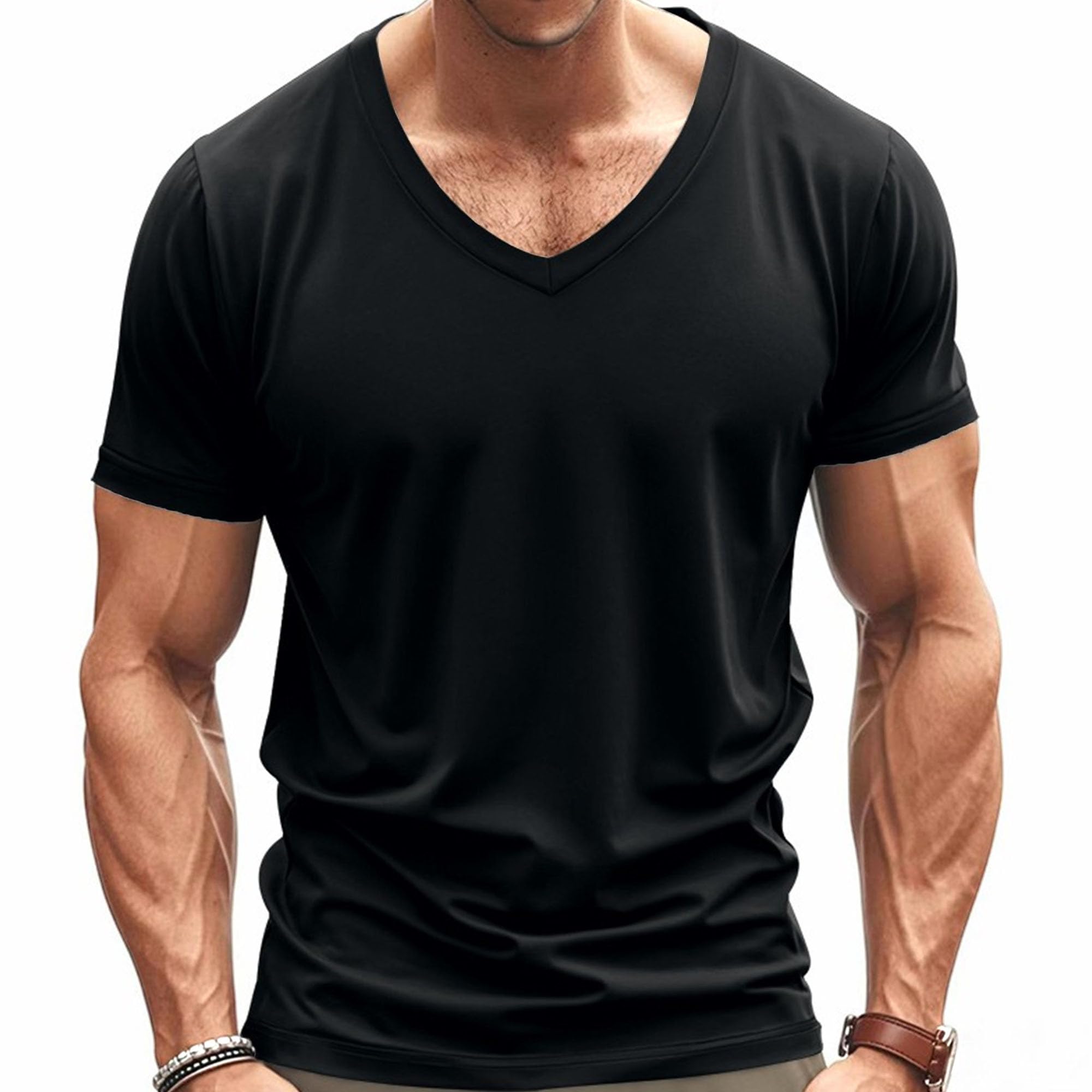 Men Trendy V-Neck Quick-Drying Shirt Breathable Casual Sports Pullover Top Summer Personality Short-Sleeved T-Shirt (Black,Small)