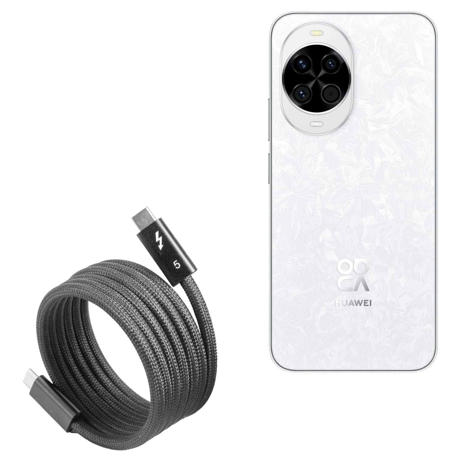 BoxWave Cable Compatible with Huawei nova 14 - SnapWrap Thunderbolt 5.0 Cable (5ft 240W), Magnetic Self-Coiling Nylon Braided Retractable - Jet Black