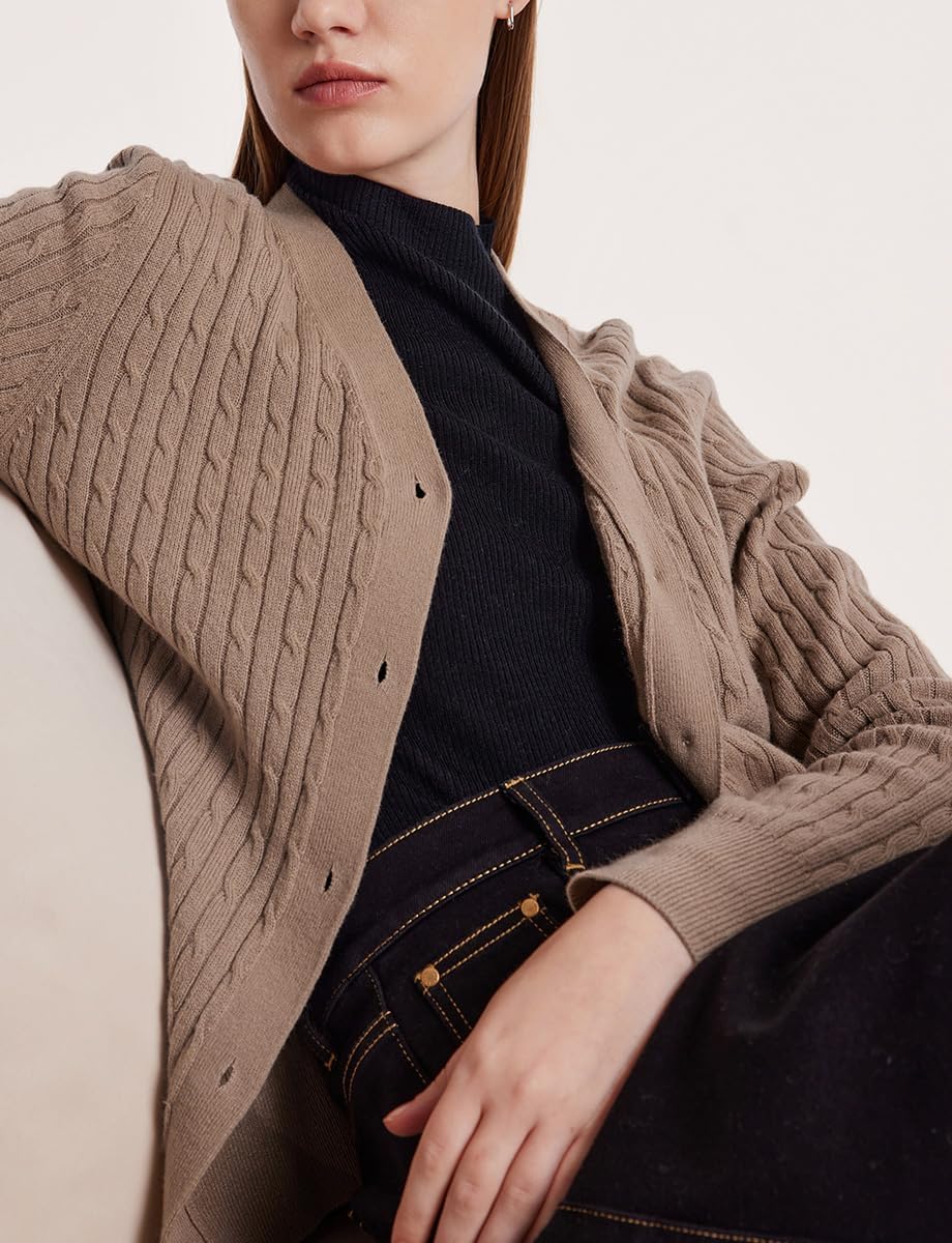 GOELIA 100% Cashmere Cardigan Sweaters for Women Camel Long Sleeve Button Cable Knitted Cardigan Women