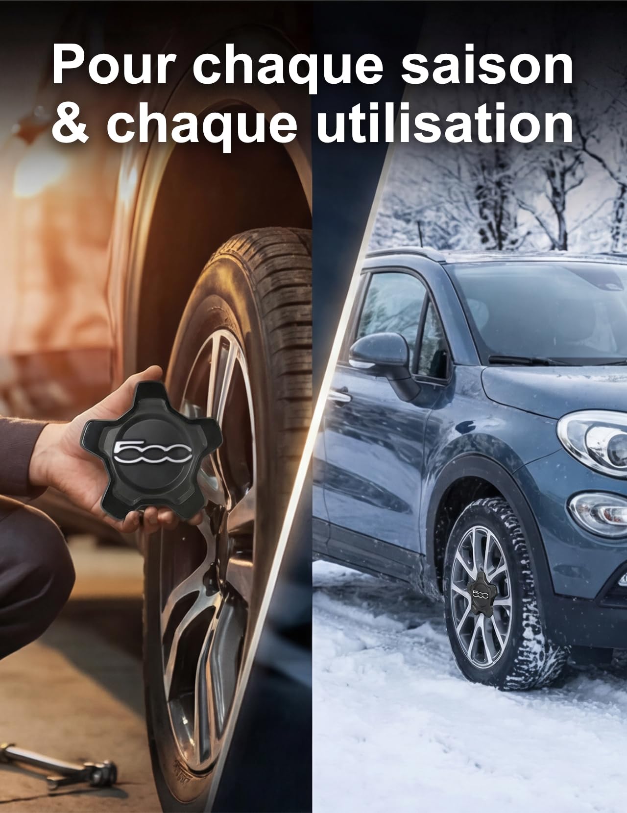 Enjoliveur Fiat 500X, Cache Moyeu Central (1 Bord Noir Lettres Argent) | Remplacement Direct, Fixation Renforcée, Compatible 2012-2022, Résistant