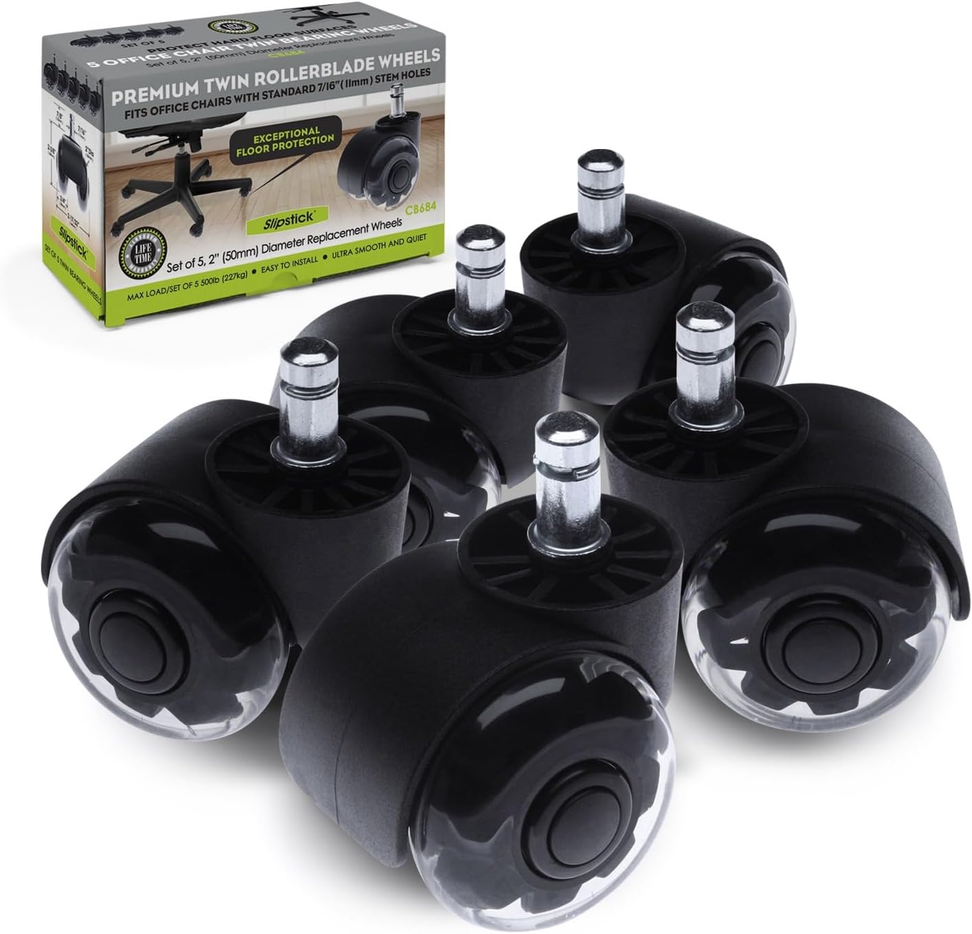 Slipstick 2 Inch Premium Rubber Office Chair Wheels (Set of 5) for All Hard Surface Floors & Carpet, Heavy Duty Twin Rollerblade Chair Replacement Caster Wheels with Universal Fit 7/16 Inch Stem