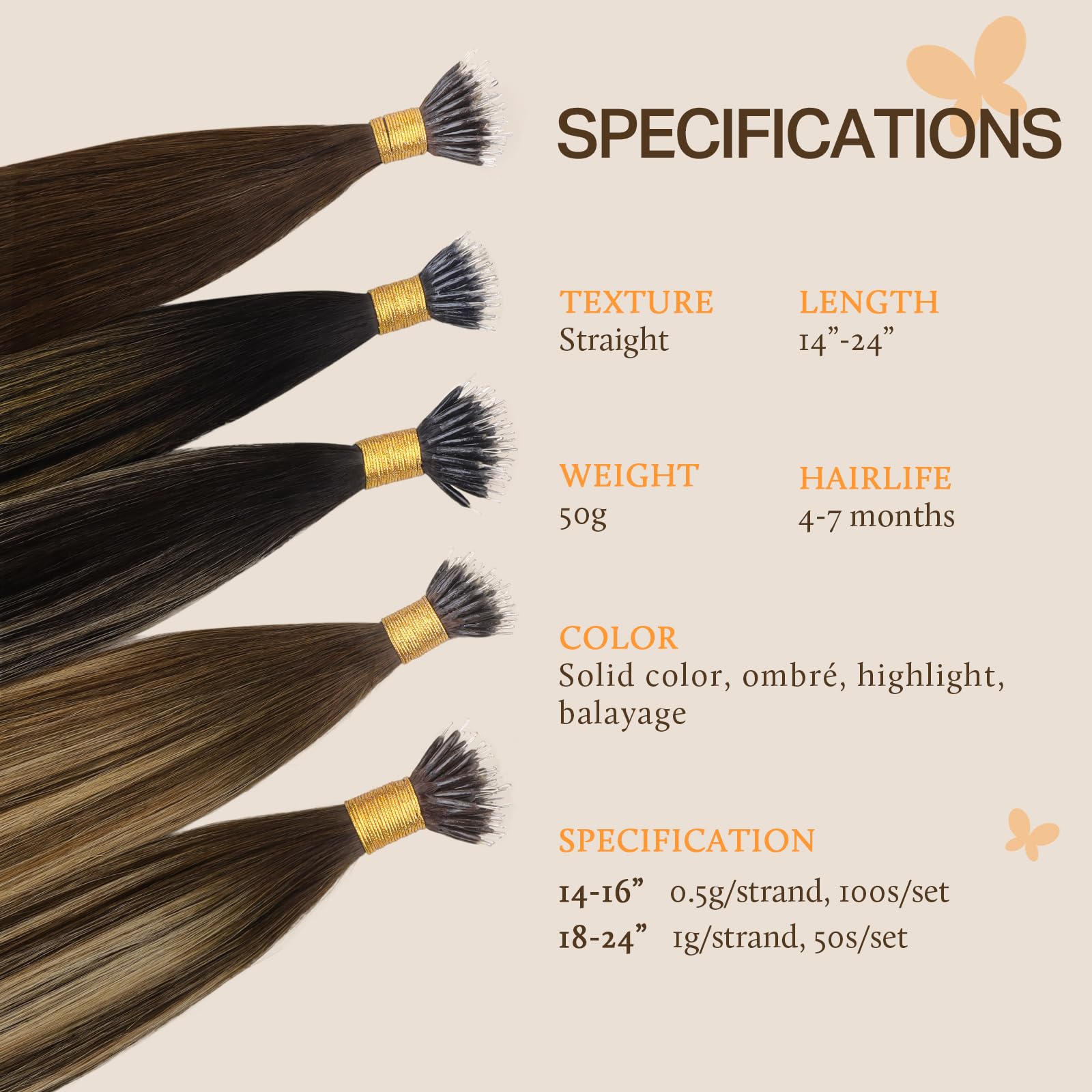DOORES Nano Hair Extensions Real Human Hair, Jet Black 14 Inch 50g 100s, Cold Fusion Nano Beads Hair Extensions Lightweight - Image 2