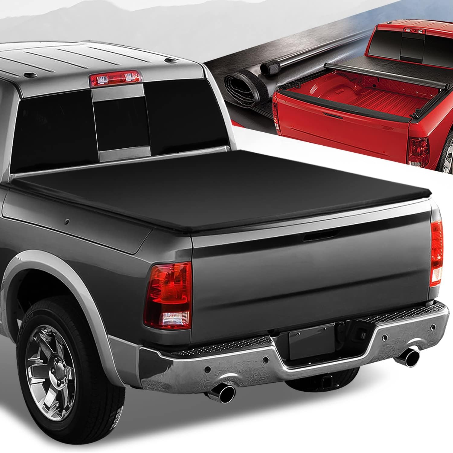 Auto Dynasty, Vinyl Soft Top Roll-up Adjustable Truck Tonneau Cover Kit Compatible with Dodge Ram 1500 2500 3500 5.7Ft Fleetside Short Bed 09-22, Matte Black