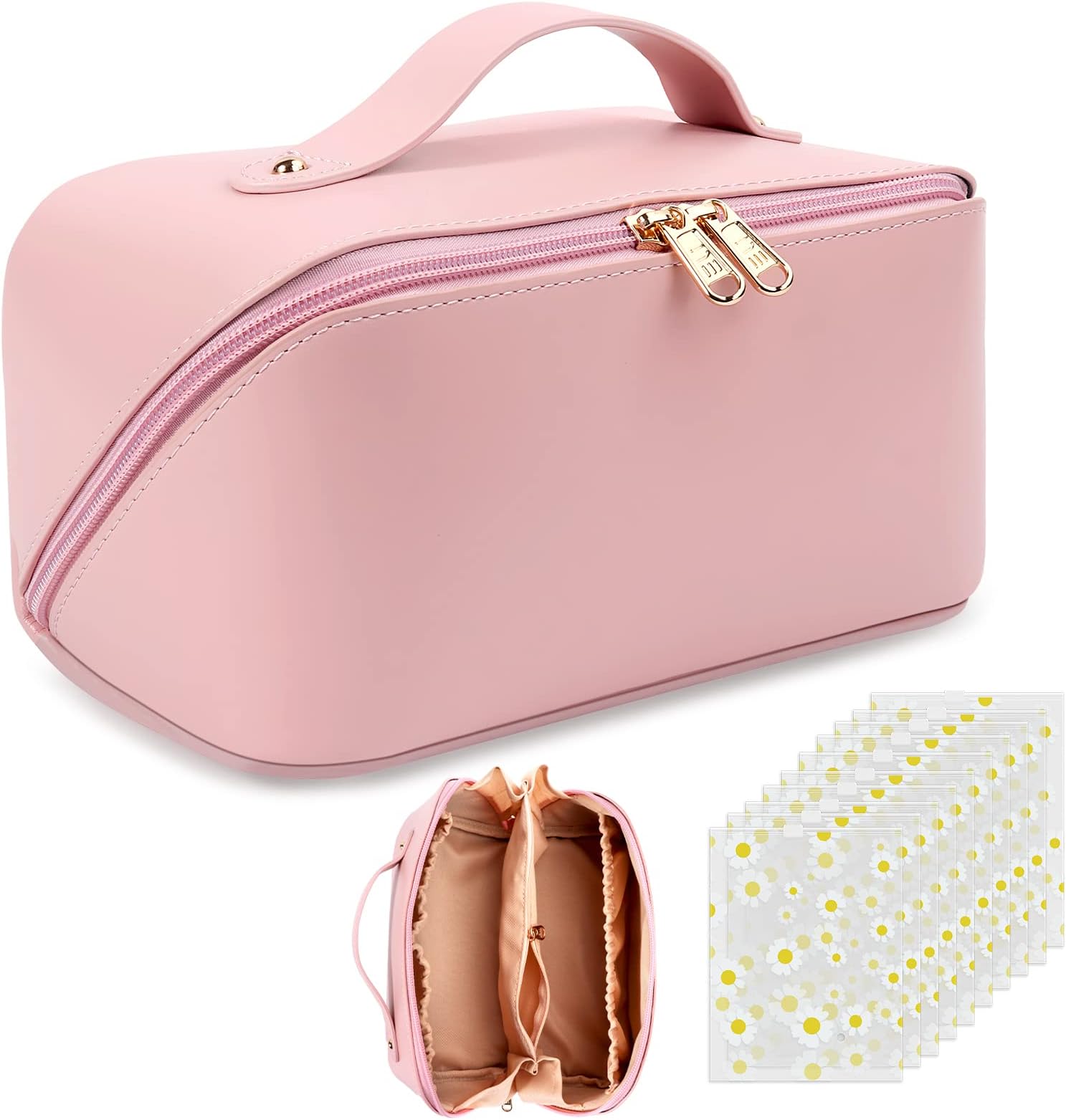 Makeup Organiser Make Up Bag: PU Leather Travel Makeup Bag - Large Cosmetic Bags for Women Girls - Pink Makeup Bags with Compartments