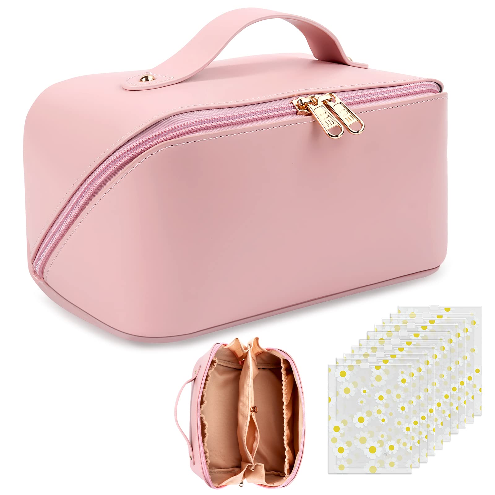 Makeup Organiser Make Up Bag: PU Leather Travel Makeup Bag - Large Cosmetic Bags for Women Girls - Pink Makeup Bags with Compartments