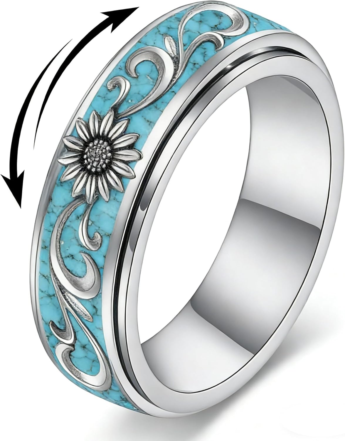 Anxiety Spinner Rings 925 Sterling Silver Sunflower/Daisy/Tree of Life/Paw Print Turquoise Fidget Mood Rings Relieve Stress Jewelry for Women Mom