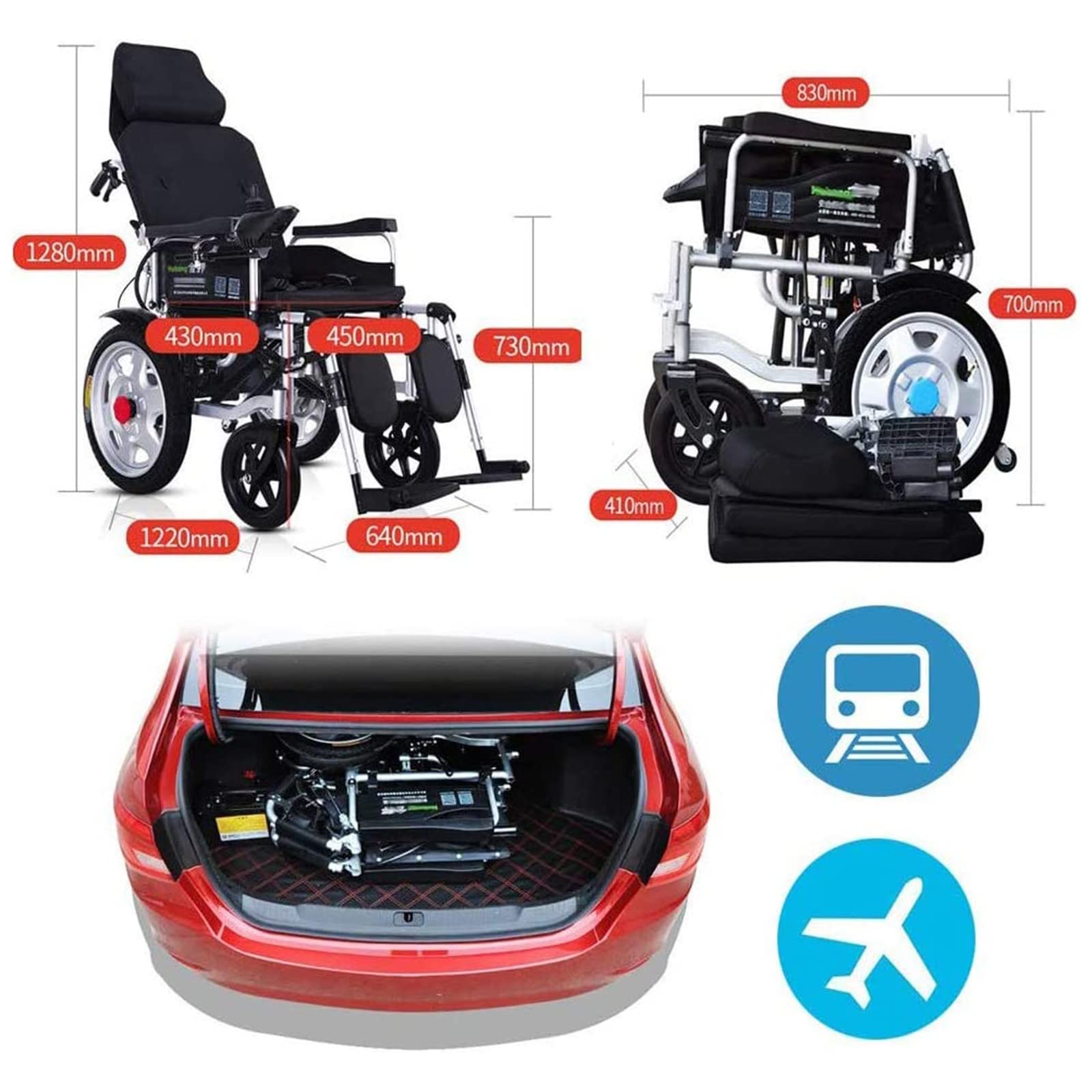 Silla de ruedas eléctrica con reposacabezas, silla de movilidad resistente, motor doble, respaldo y pedal ajustables, silla de ruedas eléctrica plegable, 12 A/20 A, funcionamiento manual o eléctrico