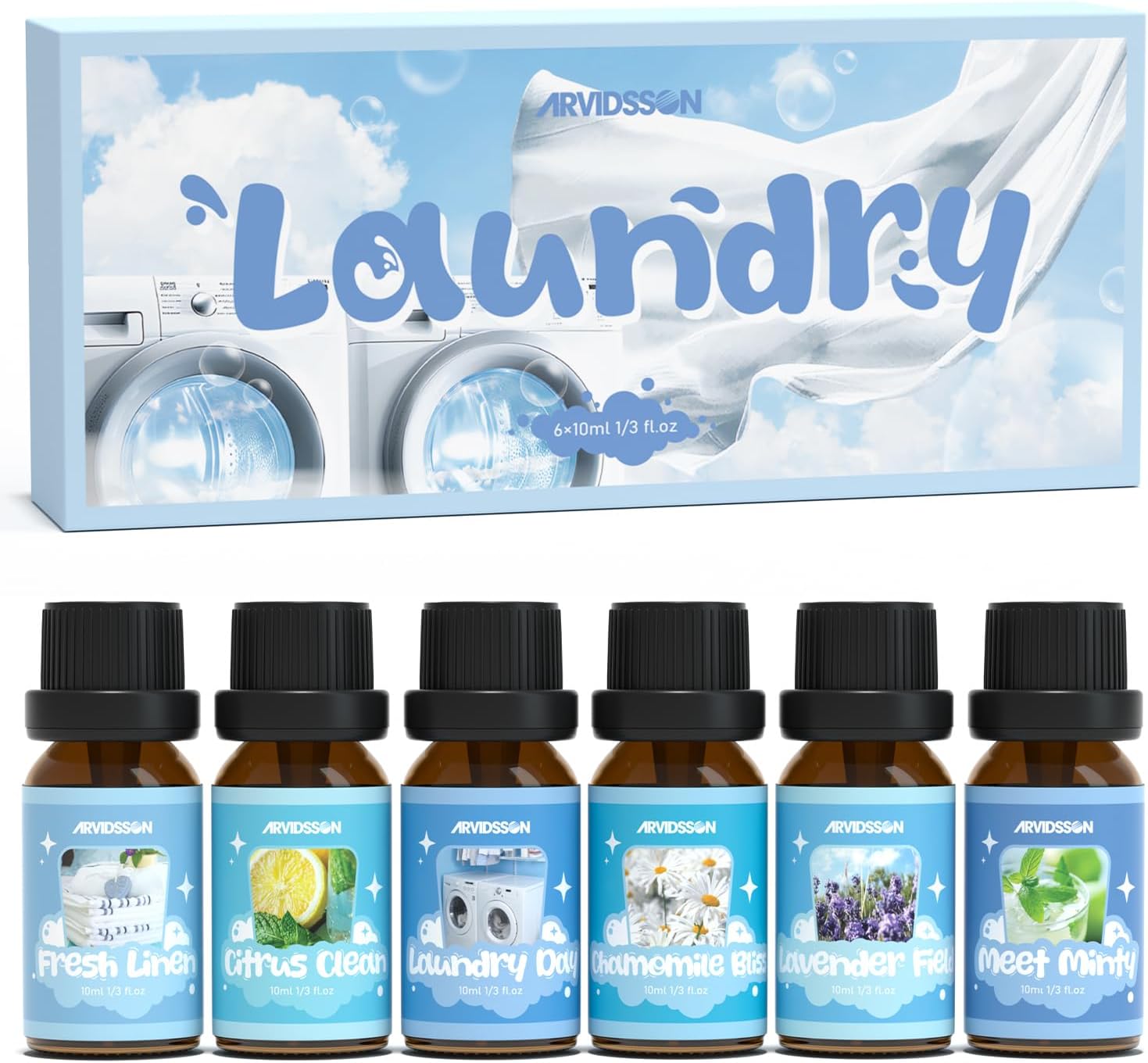 ARVIDSSON Laundry Collection Essential Oil Set, Natural Clean Essential Oils for Diffuser, Use with Wool Dryer Balls - Fresh Linen, Citrus Clean, Laundry Day, Chamomile Bliss, Lavender Field, Minty