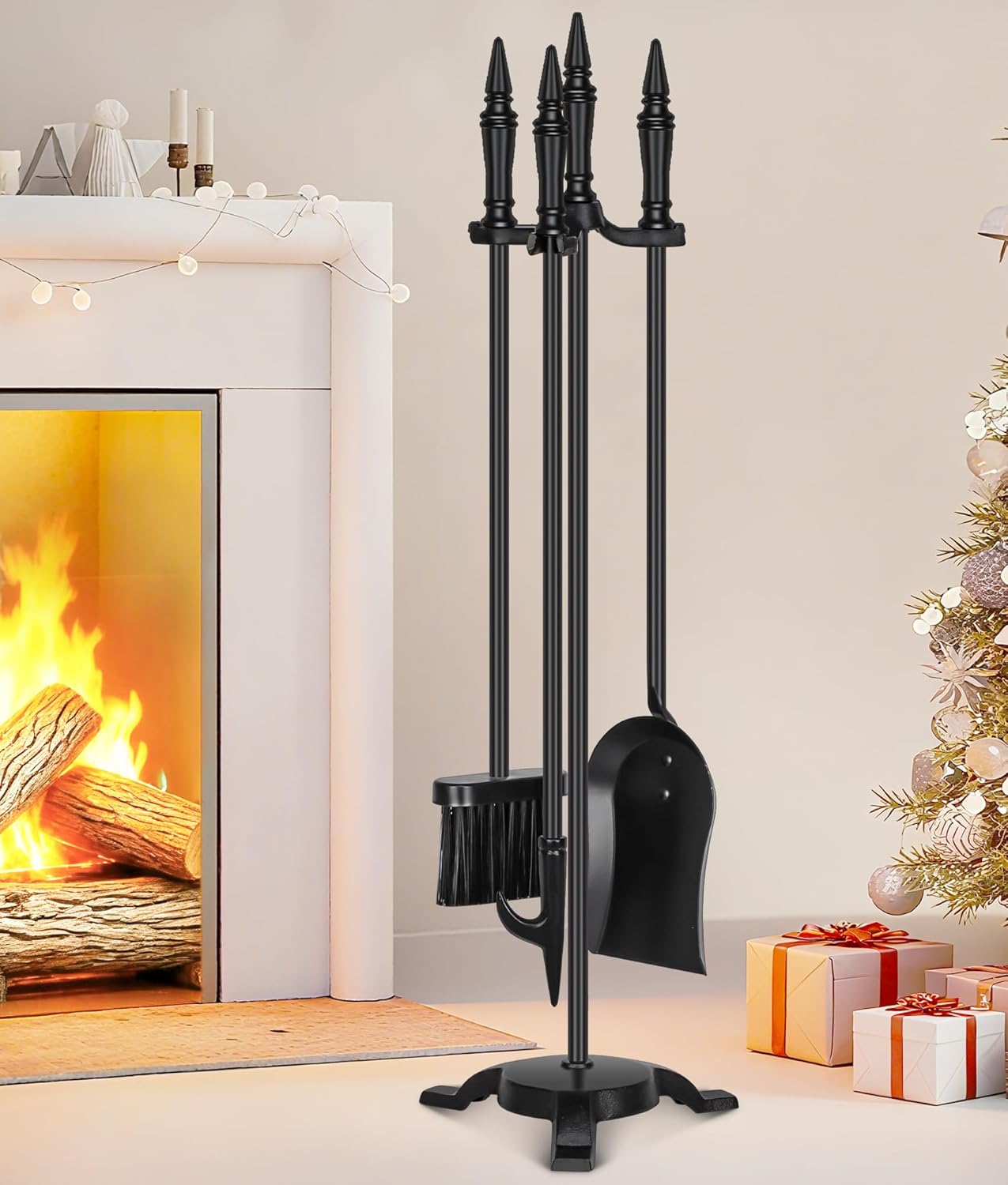 FEED GARDEN Fireplace Tools Set 4 Pieces, 31 Inch Modern Indoor Outdoor Wrought Iron Fire Place Set Tools, Black Fireplace Accessories Included Poker, Shovel, Brush, Base