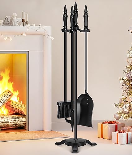 FEED GARDEN Juego de 4 herramientas para chimenea de hierro forjado para interiores y exteriores, de 31 pulgadas, accesorios negros para chimenea