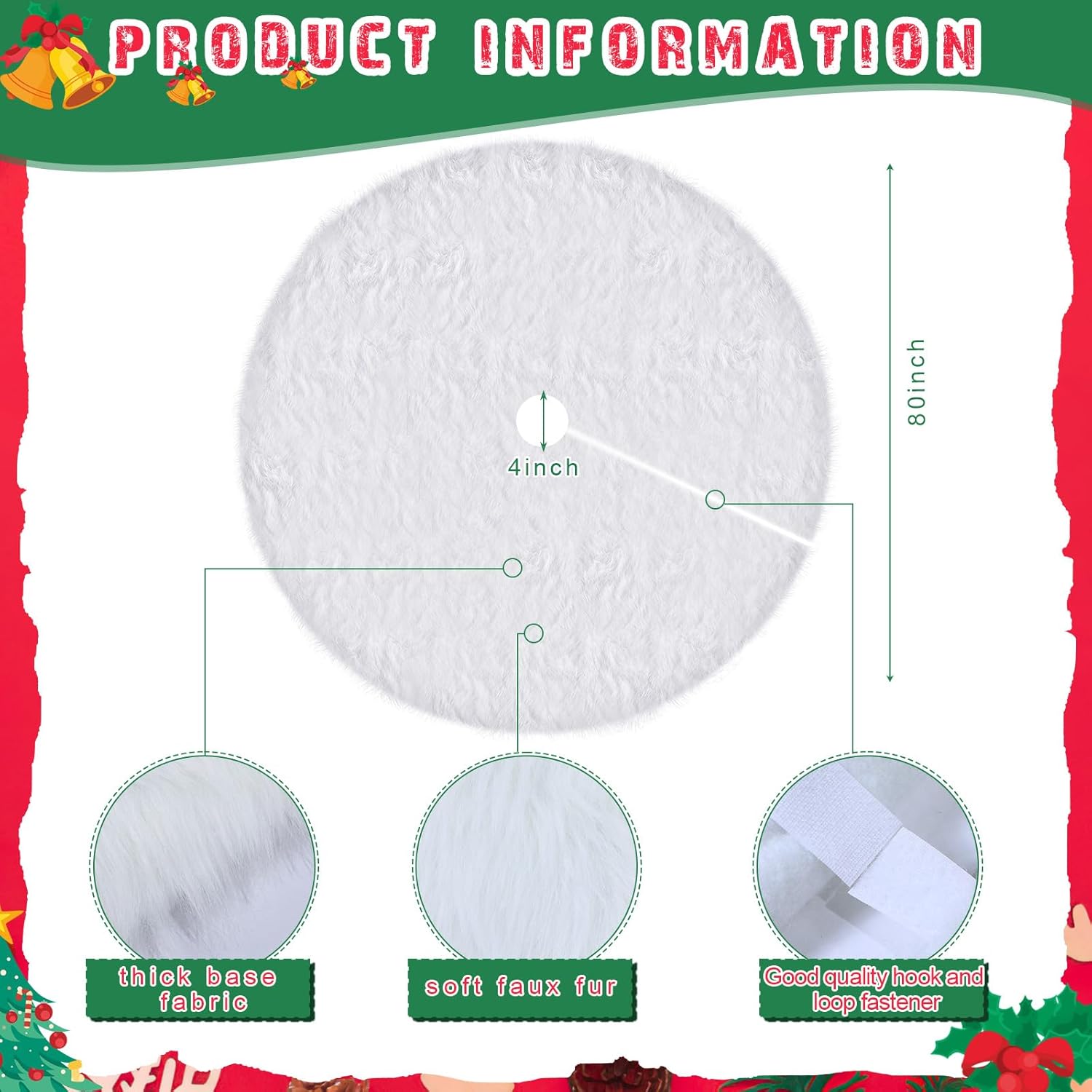 Jenaai 80 Inches Large Christmas Tree Skirt Extra Faux Fur Xmas Tree Skirt White Plush Velvet for Christmas Decorations for Home Party Winter Holiday