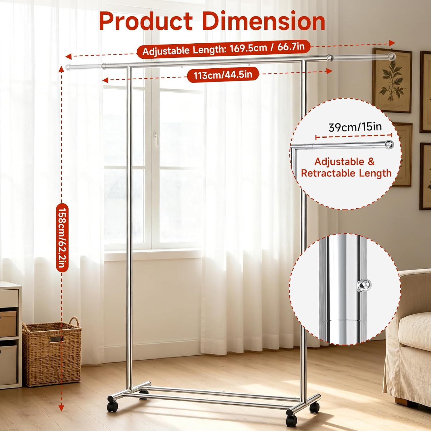 SANLIKE Rolling Garment Rack with Wheels, Adjustable Length 44.5"-66.7" | Ideal for bedroom, laundry room, boutique clothing store and temporary garment display