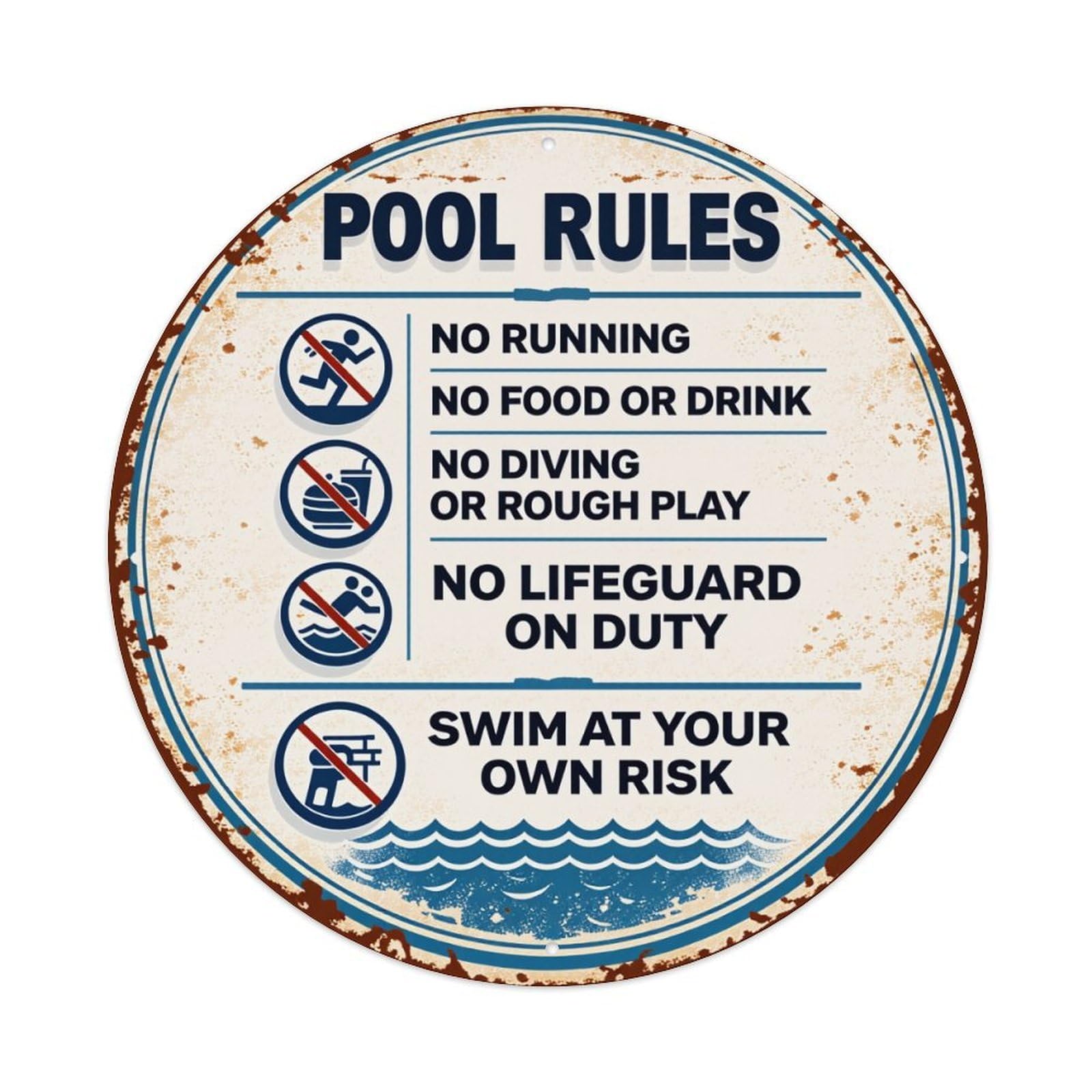 Wmlzdnwr Vintage Pool Rules No Running No Food Or Drink No Diving Round Tin Sign,Retro Wall Art,Metal Poster For Home, Bar, Garage, Cafe, Rustic Indoor & Outdoor Decor, 8X8 Inches