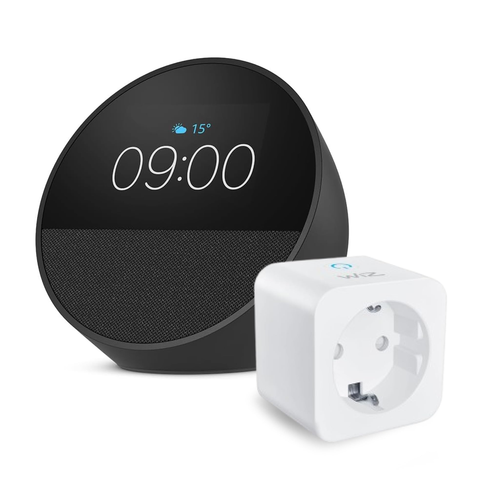 Amazon Echo Spot (Ultimo modello) | Nero + WiZ Presa intelligente, compatibile con Alexa - Kit di base per Casa