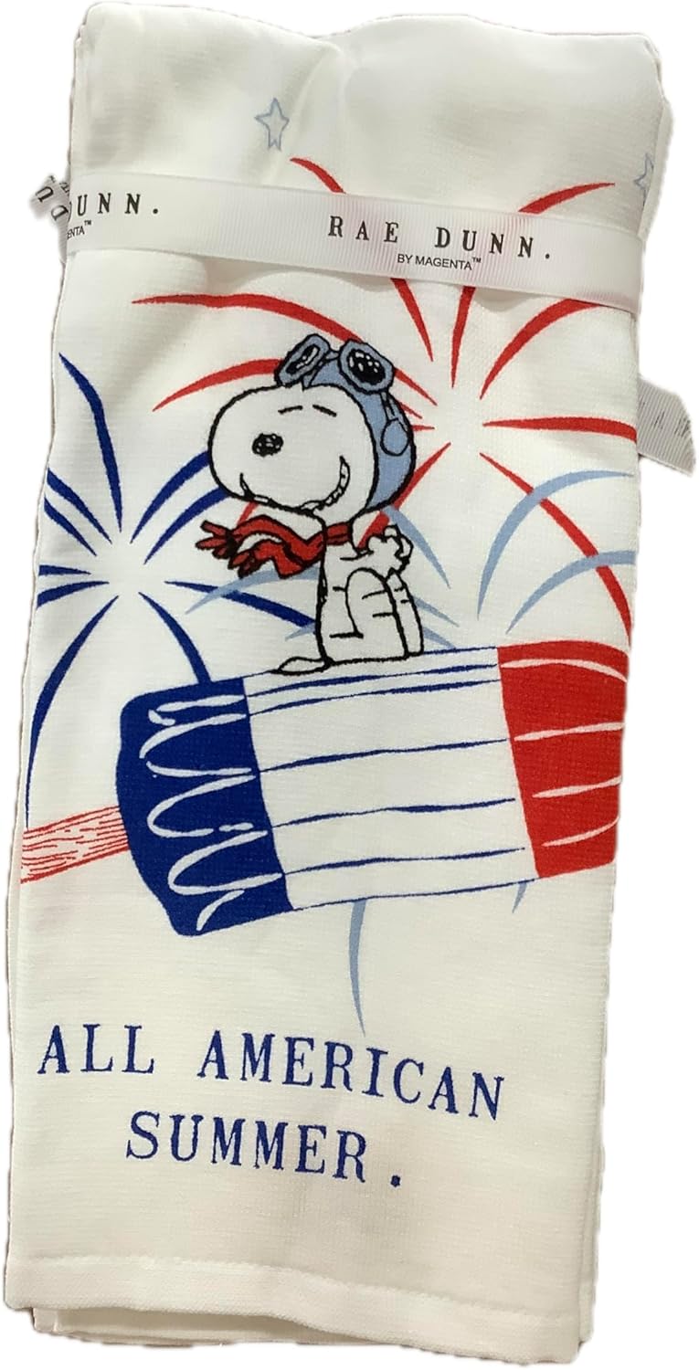 Rae Dunn Peanuts Fourth of July Independence Day Kitchen Towels, Set of 2, Firecracker Popsicle & Fireworks Design