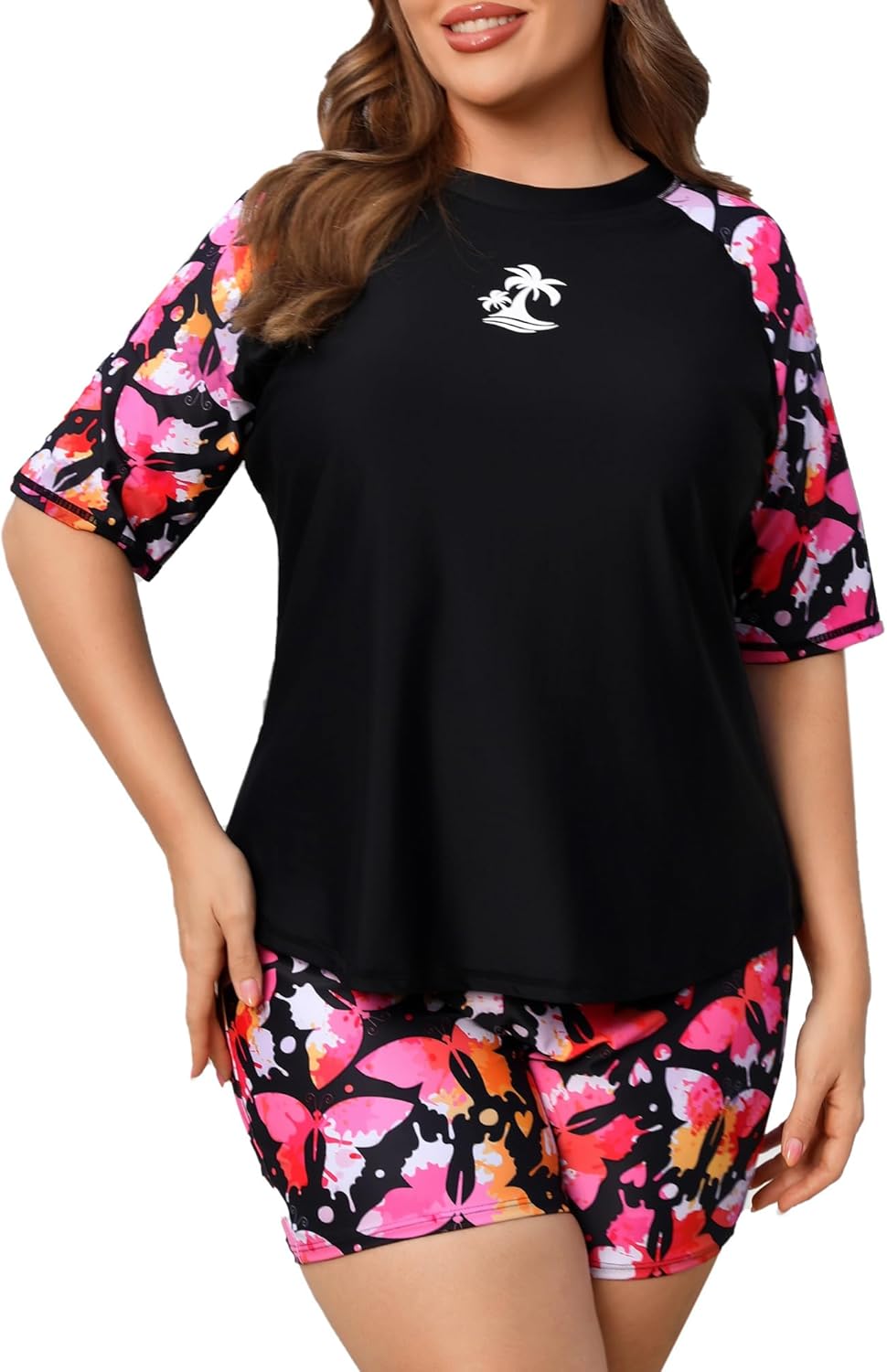 Women's Plus Size Short Sleeve Rash Guard with Built in Bra UPF50+ Swim Shirt and Shorts Two Piece Swimsuit