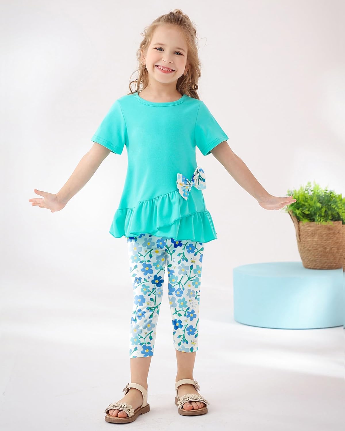 Toddler Girl Clothes 2-8Years Girls Outfit, Short Sleeve Ruffle Bowknot Top+Floral Capri Pants 2Pcs Spring Summer Set - Image 3