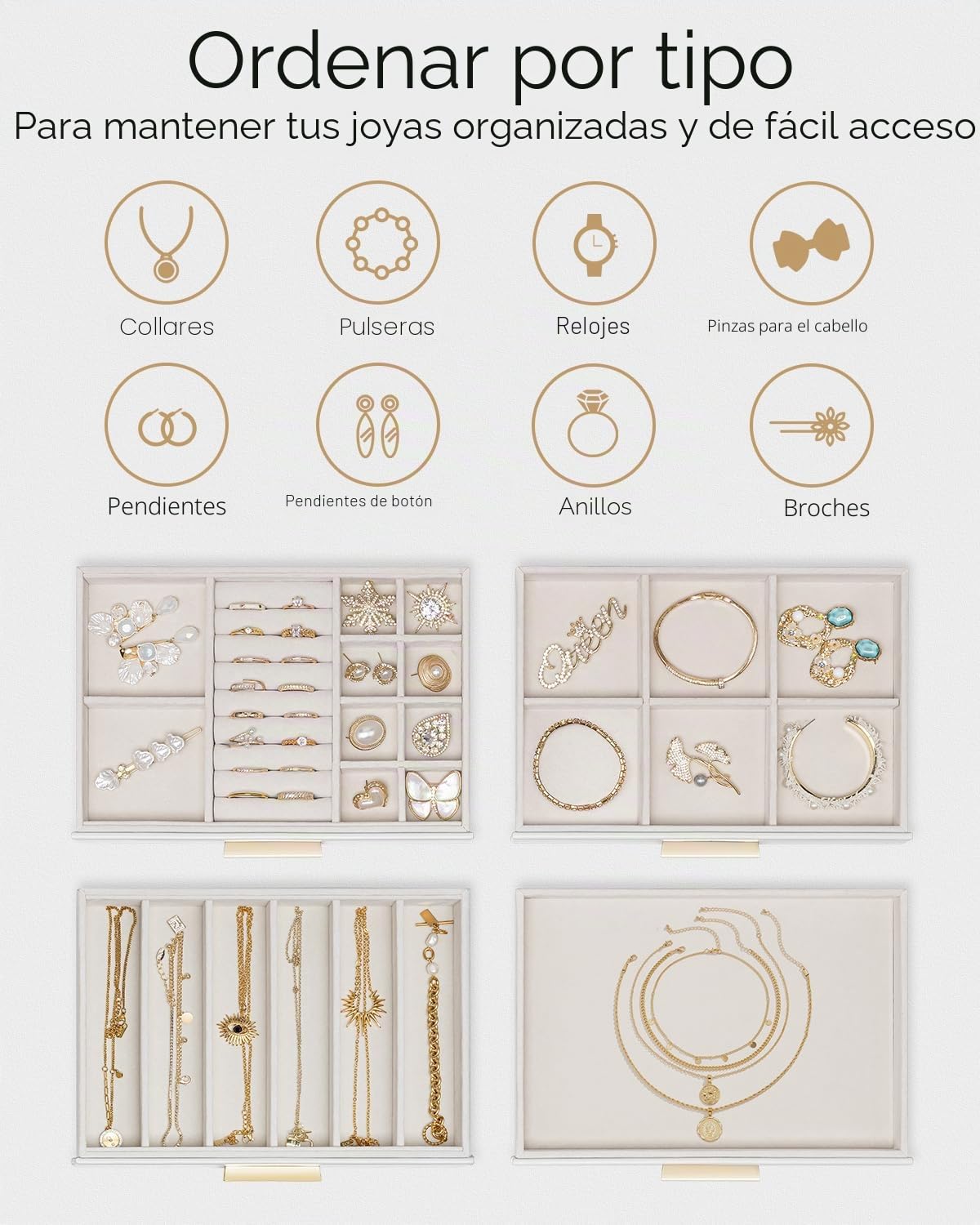 Vlando Joyero grande con 4 niveles, organizador de joyas con tapa de cristal, 4 cajones, para collares, pendientes, relojes, pulseras, almacenamiento de joyas, moderno, Cenicienta Plus, color blanco