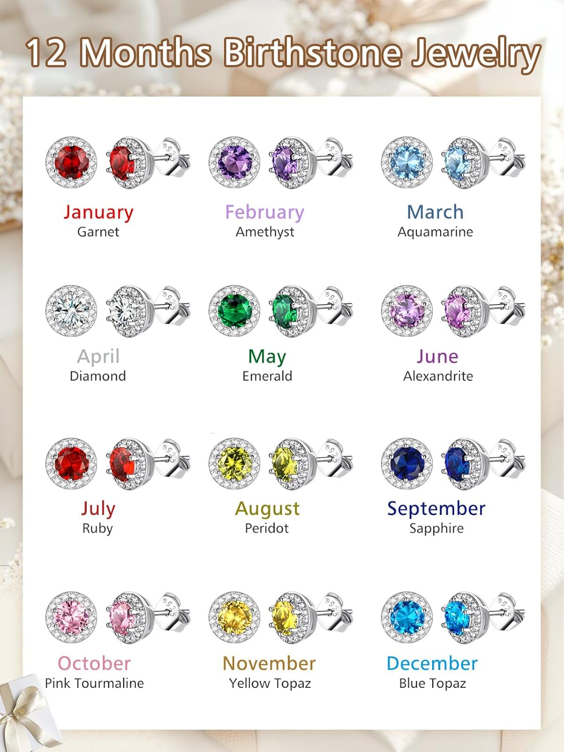 FindChic Birthstone Earrings for Women, Round/Heart/Square/Teardrop Earrings with 925 Sterling Silver Posts & Push Backs, Hypoallergenic Studs with Cubic Zirconia, 12 Months Jewelry with Gift Box - Image 7