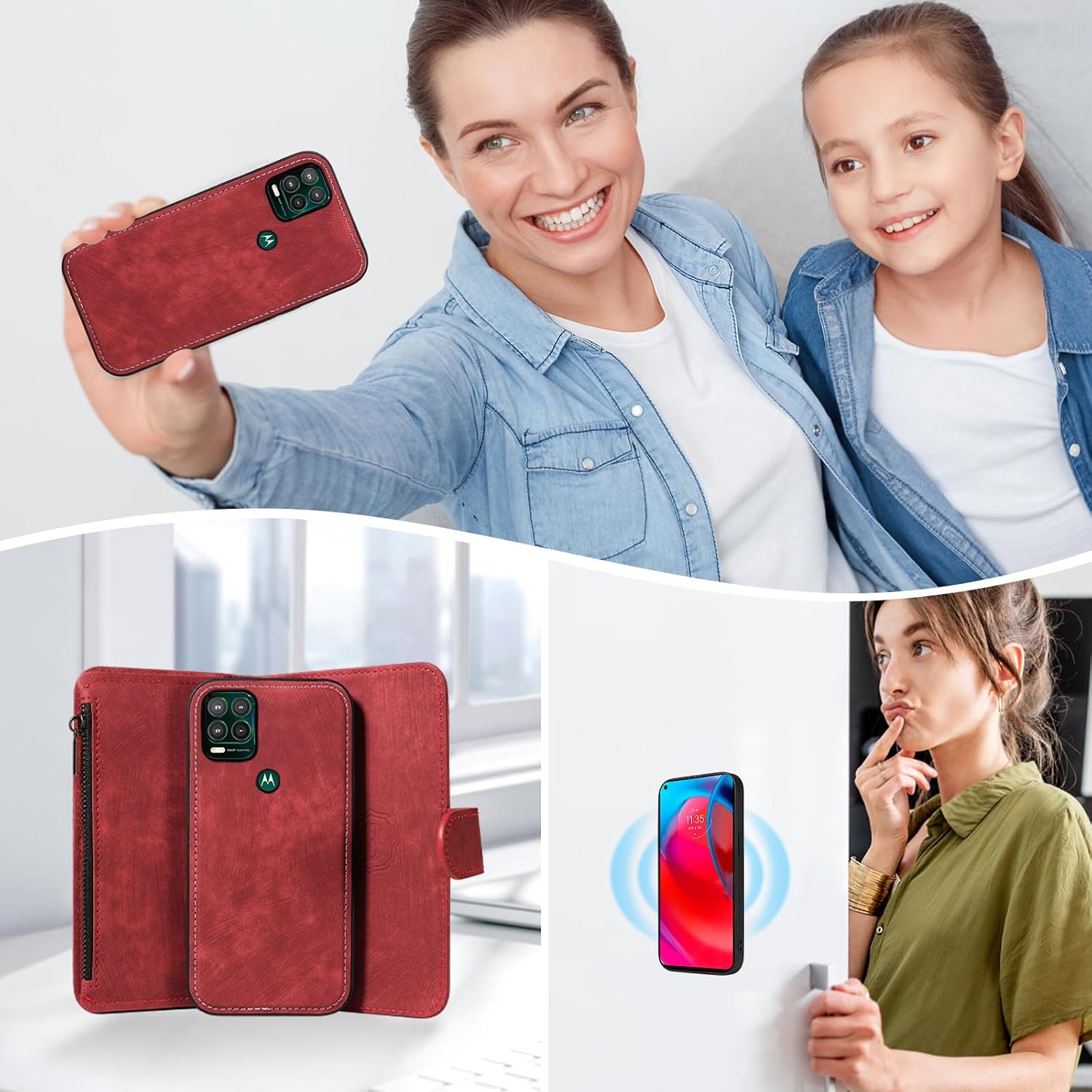 Asuwish Phone Case for Moto G Stylus 5G 2021 Zipper Wallet Detachable Magnetic Cover with Tempered Glass Screen Protector Crossbody Lanyard Card Holder Motorola GStylus G5 XT2131DL Women Men Girls Red