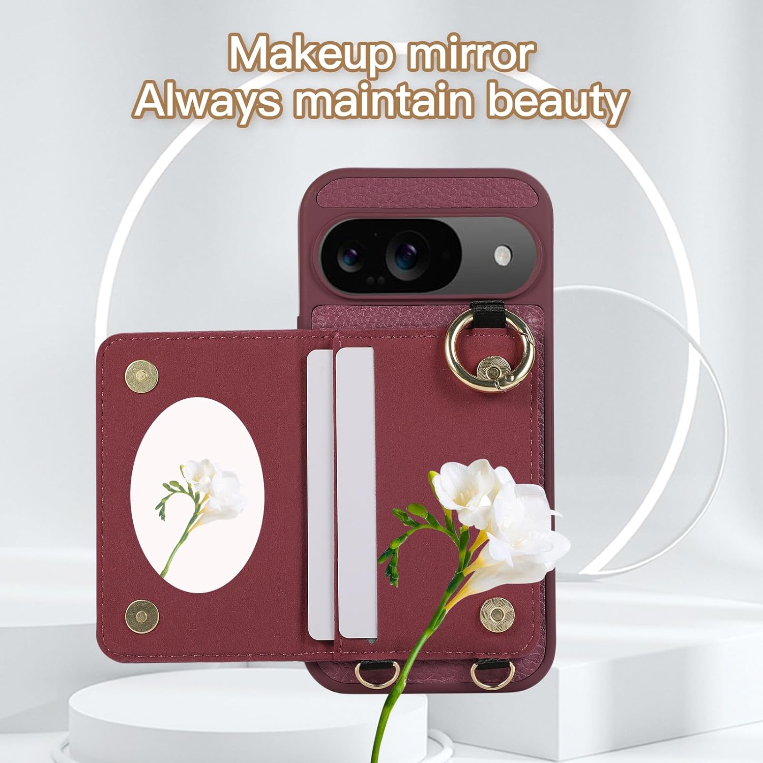 Case for Google Pixel 10 Pro XL Shockproof Phone with Adjustable Necklace RFID Wallet Case Card Tray with Band Ring Stand Makeup Mirror Cover - Rose Red