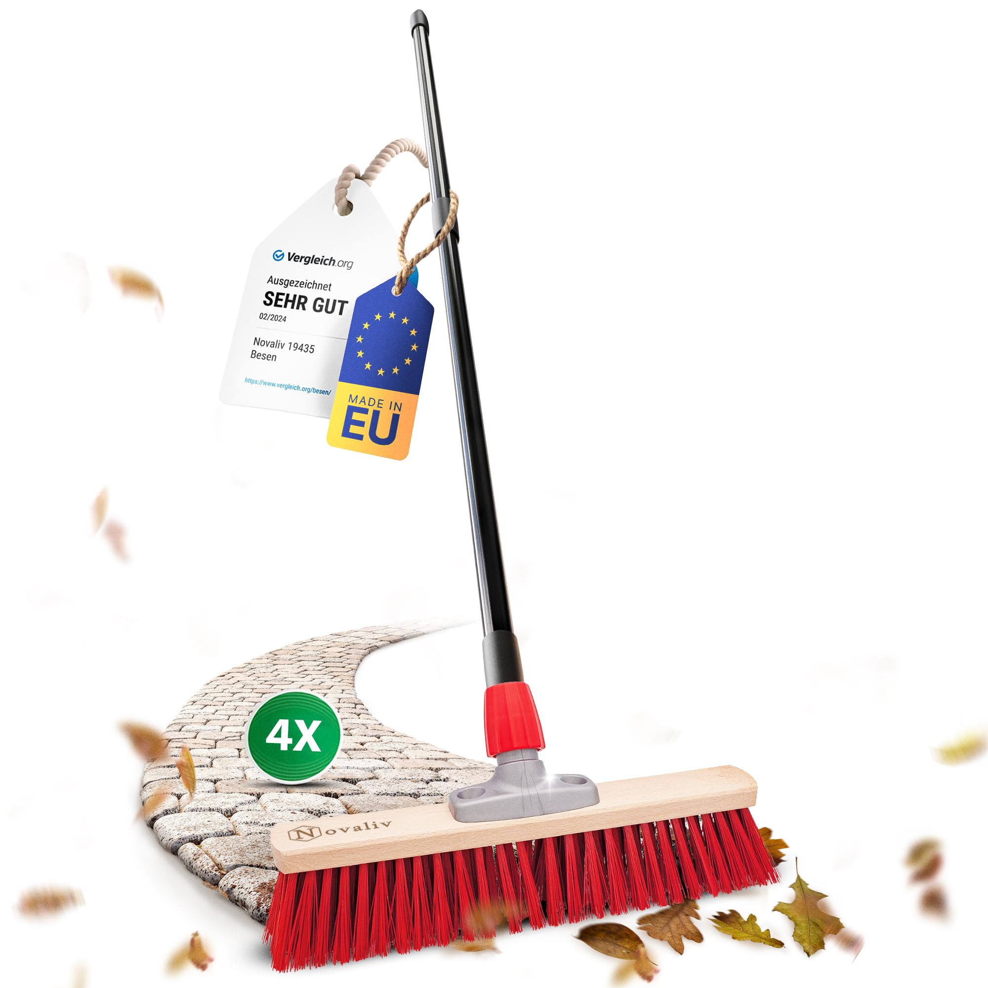 Novaliv - 4 scope industriali, 50 cm, con manico, setole in elaston rosso, manico telescopico, scopa per esterni, scopa industriale, per il giardino, per la neve, per uso in ambienti esterni