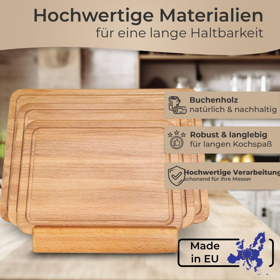 Premium Schneidebrett Set Buche 3-teilig mit Halter Saftrille Holz geölt | Massives Buchenholz, lebensmittelecht, drei Größen 27/30/40 cm , stabile 1,8 cm Stärke, natürliche Holzoptik, Servierbrett