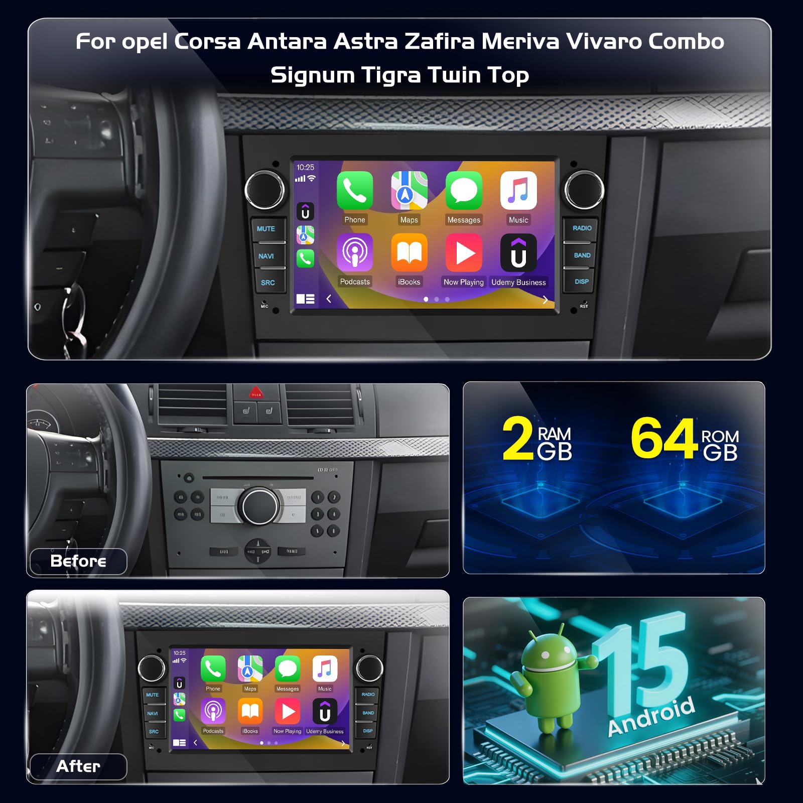 Radio de Coche Android para Opel Corsa D, Astra H, Zafira B, Meriva A/B, Vivaro, Combo, Tigra TwinTop, CarPlay Android Auto inalámbrico, GPS, DSP, WiFi, Plug & Play + Cámara Trasera