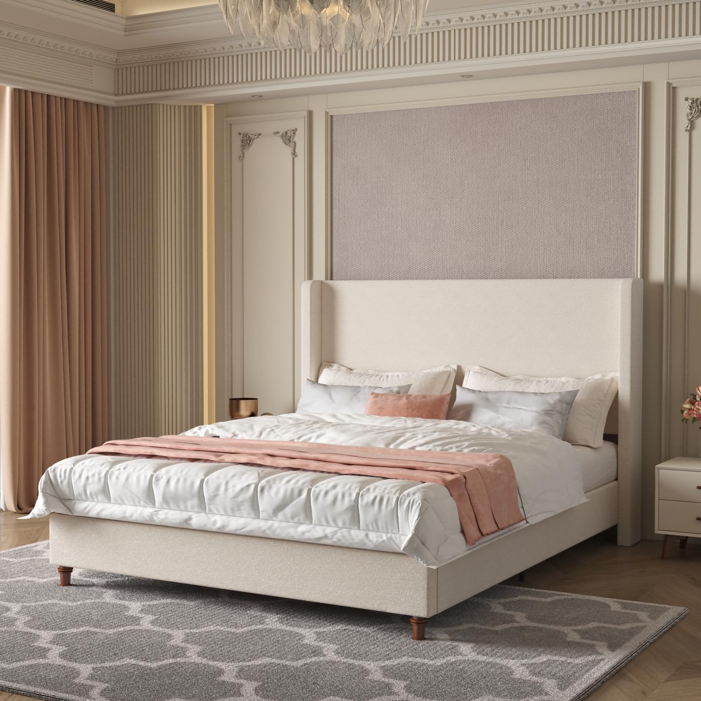 Queen Upholstered Bed Frame, Queen Size Upholstered Platform Bed Frame with 54" Tall Headboard in Ivory Boucle - No Box Spring Needed,Metal Frame with Wooden Slats, Walnut Solid Wood Feet