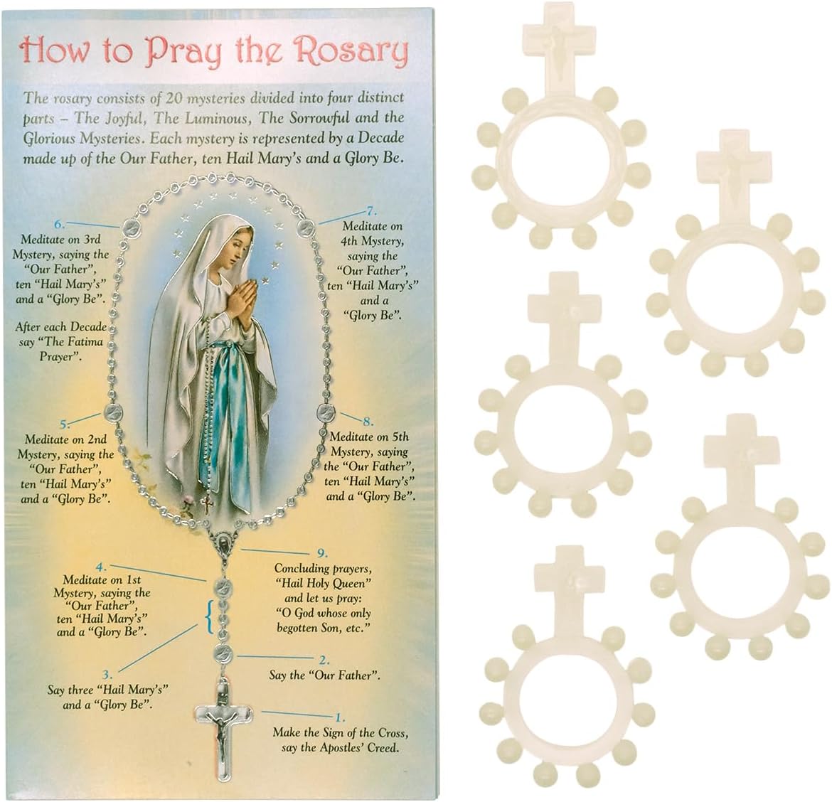 5-Pack Glow in the Dark Rosary Decade Fidget Ring | Includes How to Pray the Rosary Pamphlet | Catholic Gift and Favor | Marian Devotional Prayer | Portable Meditation Tool