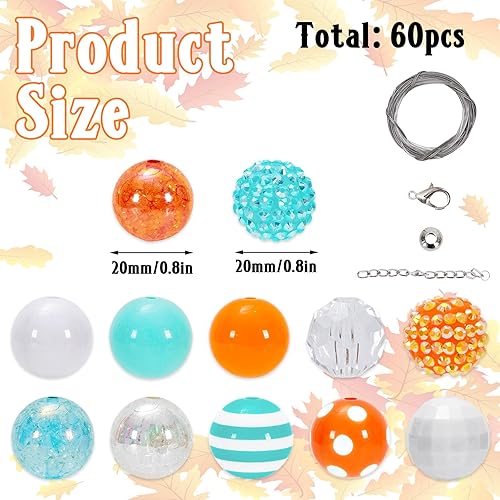 Miniatura 2 de Whaline 60 cuentas de goma de mascar de Acción de Gracias de 0.787 pulgadas (0.787 in), cuentas gruesas de otoño mixtas de acrílico, naranja, azul,