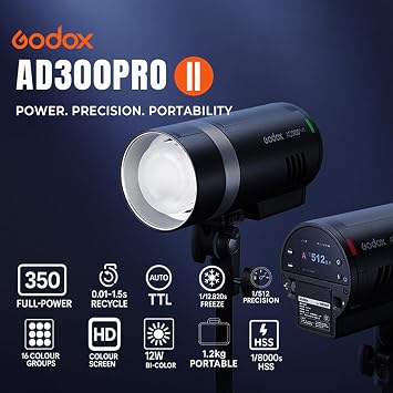 Godox AD300 Pro II AD300Pro II 300Ws TTL Outdoor Flash, HSS 1/8000s, 2.4G | GN58 Output, One-Tap Sync with X3, 30W Bi-Color Modeling Lamp, Freeze Mode, 500 Full Power Flashes, 1/512-1/1 0.1