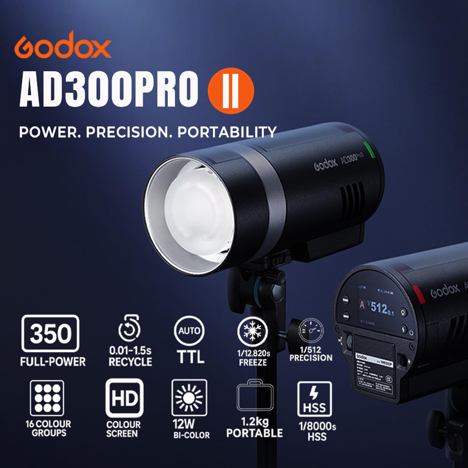 Godox AD300Pro II Flash de Exterior 300Ws, AD300Pro II HSS 1/8000s, 16 Grupos de Color, LED Bicolor de 12W, Potencia 1/512–1/1, Reciclado 0,01–1,5s, hasta 350 Disparos a Potencia Completa