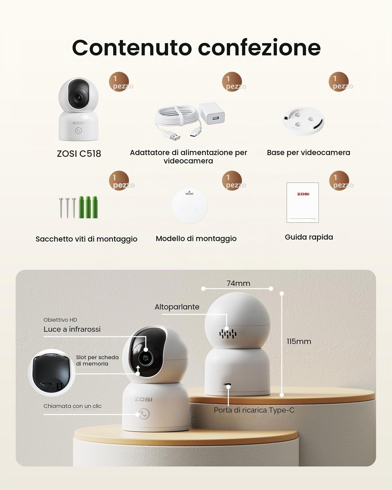 ZOSI 4K Telecamera di Sorveglianza WiFi per Interni con Scheda da 64 GB, WiFi 2,4/5 GHz, Visione a 360°, Rilevamento AI per Bambini/Animali Domestici, Audio Bidirezionale, Chiamata con un Tocco, C518 | Rilevamento e tracciamento di persone/animali domesti