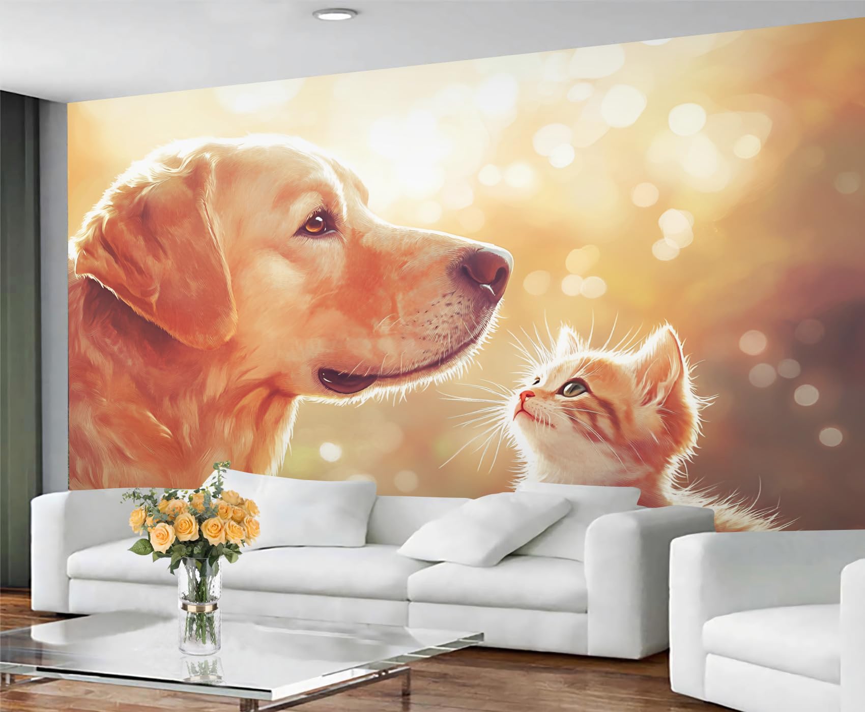 GIVLWF Wallpaper - Cat & Dog Prints Home Decor & Mural, Cute Animals Bedroom Wallpaper, Pet Lovers Wall Paper for Living Room, Large Wall Mural (Not Self-Adhesive)