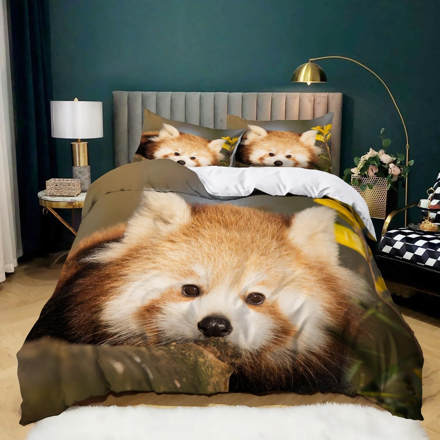 Pościel 220 x 240 cm, czerwona panda, miękka pościel z mikrofibry, poszewka na kołdrę z nadrukiem 3D, dzikie zwierzęta, 3-częściowy poszwa na kołdrę z zamkiem błyskawicznym i 2 poszewki na poduszkę 80