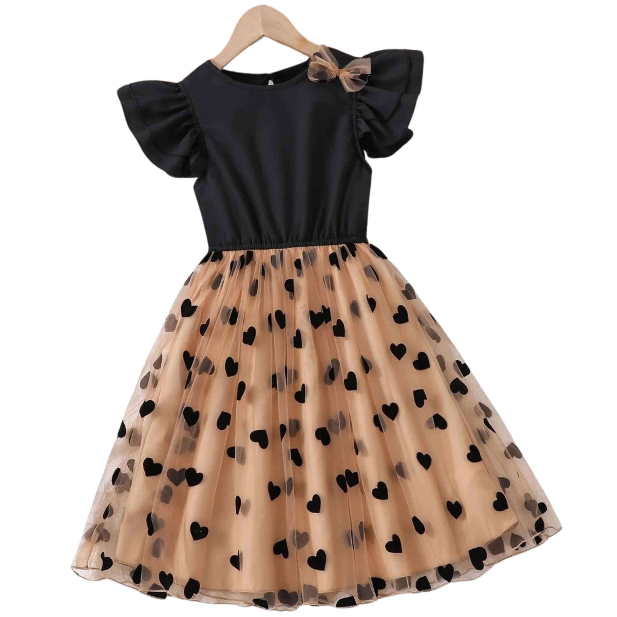 ashikta enterprise Girls Black & Beige Heart Print Party Dress | Flutter Sleeve Top with Tulle Skirt | Kids Elegant Birthday & Festive Frock(DW-203)-picture-52